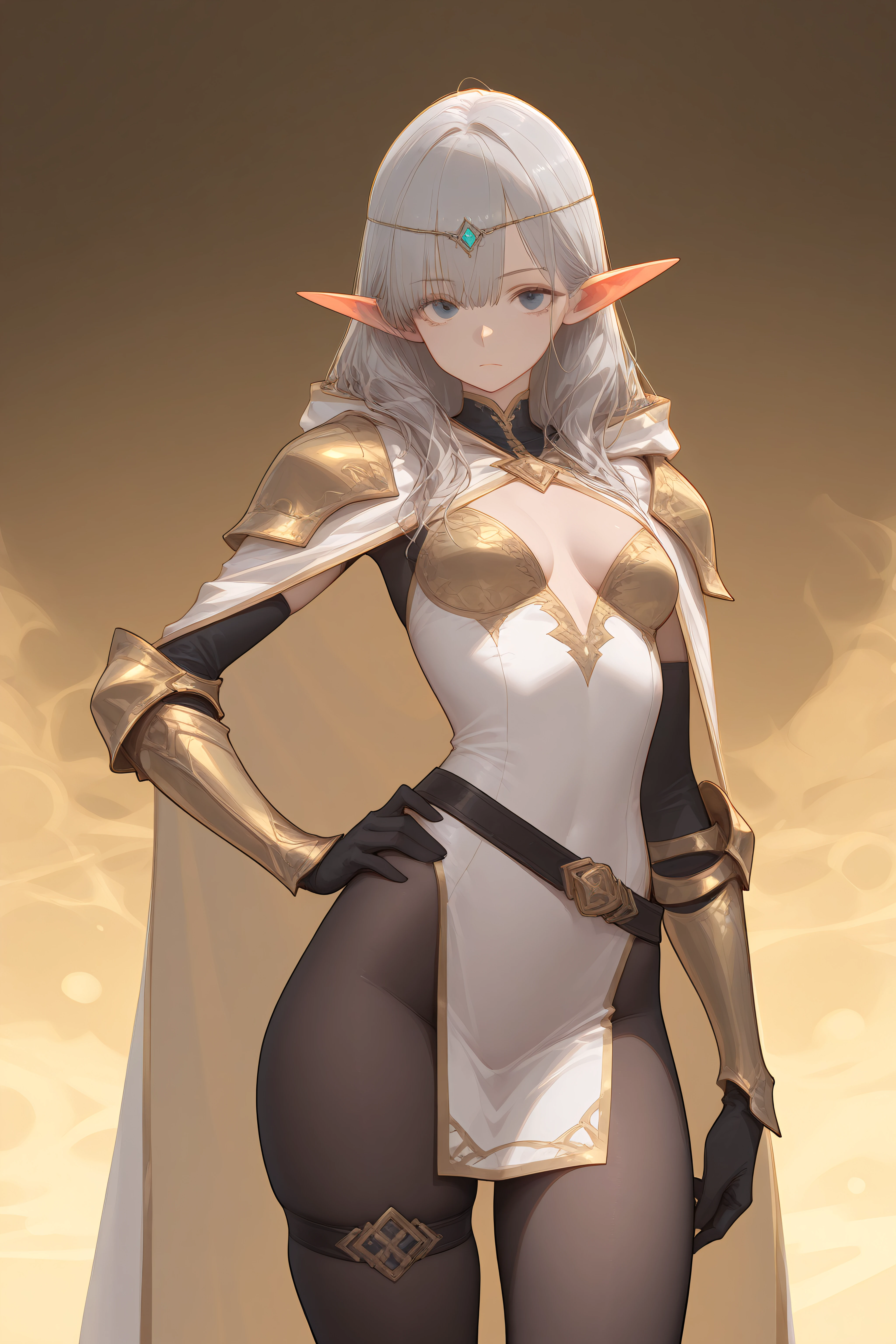 Masterpiece, Best Quality, Extra Detail, 1girl, aqua hair, armor, armored boots, bangs, black gloves, boots, breasts, brown eyes, cape, cleavage, cleavage cutout, closed mouth, clothing cutout, covered navel, day, elf, flower, forest, full body, gloves, grass, greaves, groin, high ponytail, highleg, highleg leotard, knee boots, perfect body, perfect breasts, leotard, long hair, looking at viewer, nature, outdoors, pauldrons, pointy ears, ponytail, shoulder armor, smile, solo, standing, tiara, tree, vambraces, white flower, white leotard, stern look, clenched hands