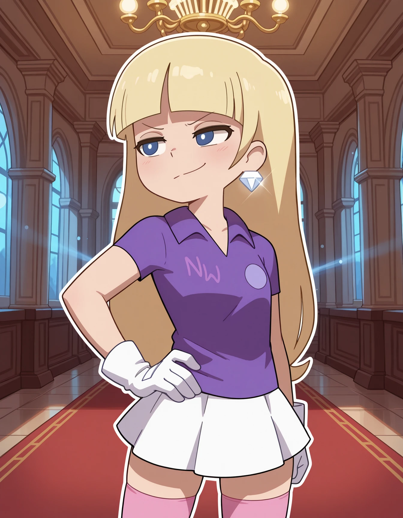 <lora:Pacifica_MikeInel_ILL-15:1> 2d, omspacifica, 1girl, (adult woman:.7), blonde hair, long hair, bangs, blue eyes, white pupils, earrings, diamonds, collared shirt, purple shirt, single white glove, white skirt, pink thighhighs,
serious, smug,
amazing quality,very aesthetic,absurdres,newest,
indoors, mansion, nighttime, chandelier,
standing, arm on hip, BREAK depth of field, blurry background, soft lighting, lens flare, white outline