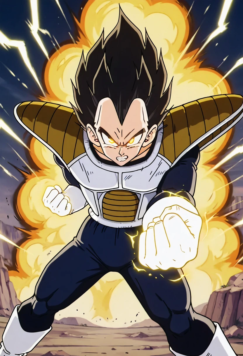 <lora:DrabonballZNamek:1.0>, masterpiece, best quality, vegeta, solo, looking at viewer, battle stance, glowing hands, yellow energy, final flash, full power, saiyan armor, clenched teeth, fierce expression, wind effects, power explosion, rocky terrain, lightning crackling, dust rising, battle aura, glowing eyes,