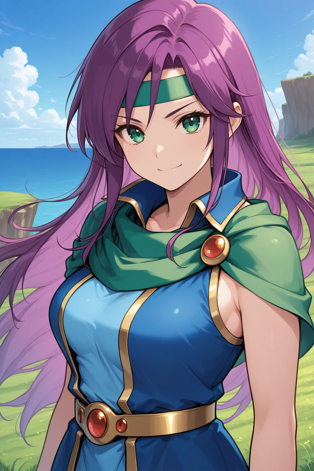 masterpiece, best quality, 1girl, solo <lora:fffaris-illu-nvwls-v1-000006:1> frssch, purple hair, long hair, green eyes, green headband, green cape, green scarf, blue tunic, sleeveless, gold belt, upper body, looking at viewer, blue sky, clouds, ocean, field, cliff, smile, happy, serious, breasts