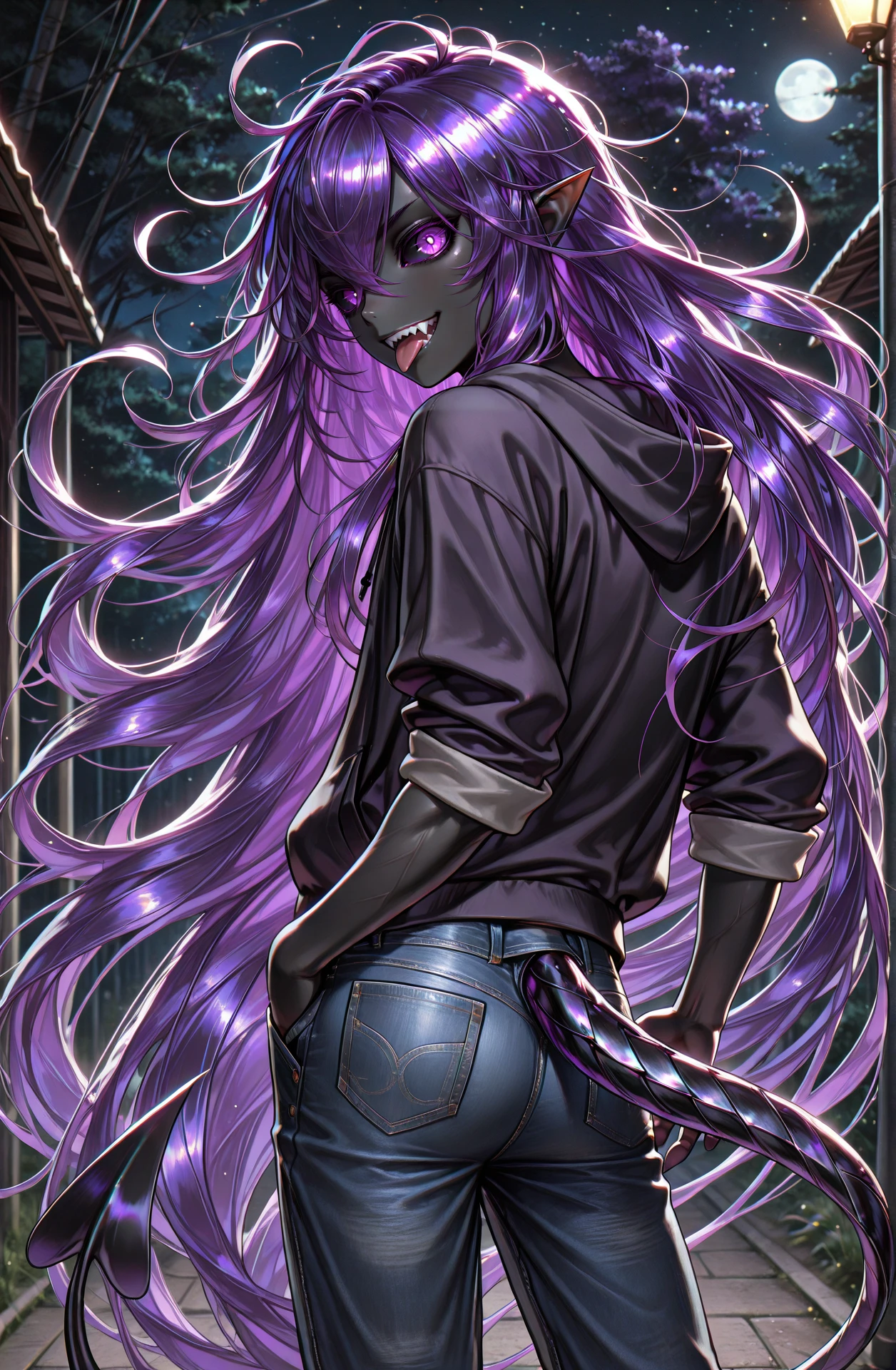 masterpiece, best quality, amazing quality, absurd res,
  <lora:Metallic_Hair_for_Illustrious:1> metallic_hair, 
1boy, demon boy, colored skin, black skin, purple hair, very long hair, messy hair, teeth, tongue out, sharp eyebrows, black sclera, sharp ears, hoodie, outdoors, night, glowing eyes, purple eyes, jeans, rear view, looking back, hand in pocket, muscular, sharp teeth, tail, rolled sleeves,