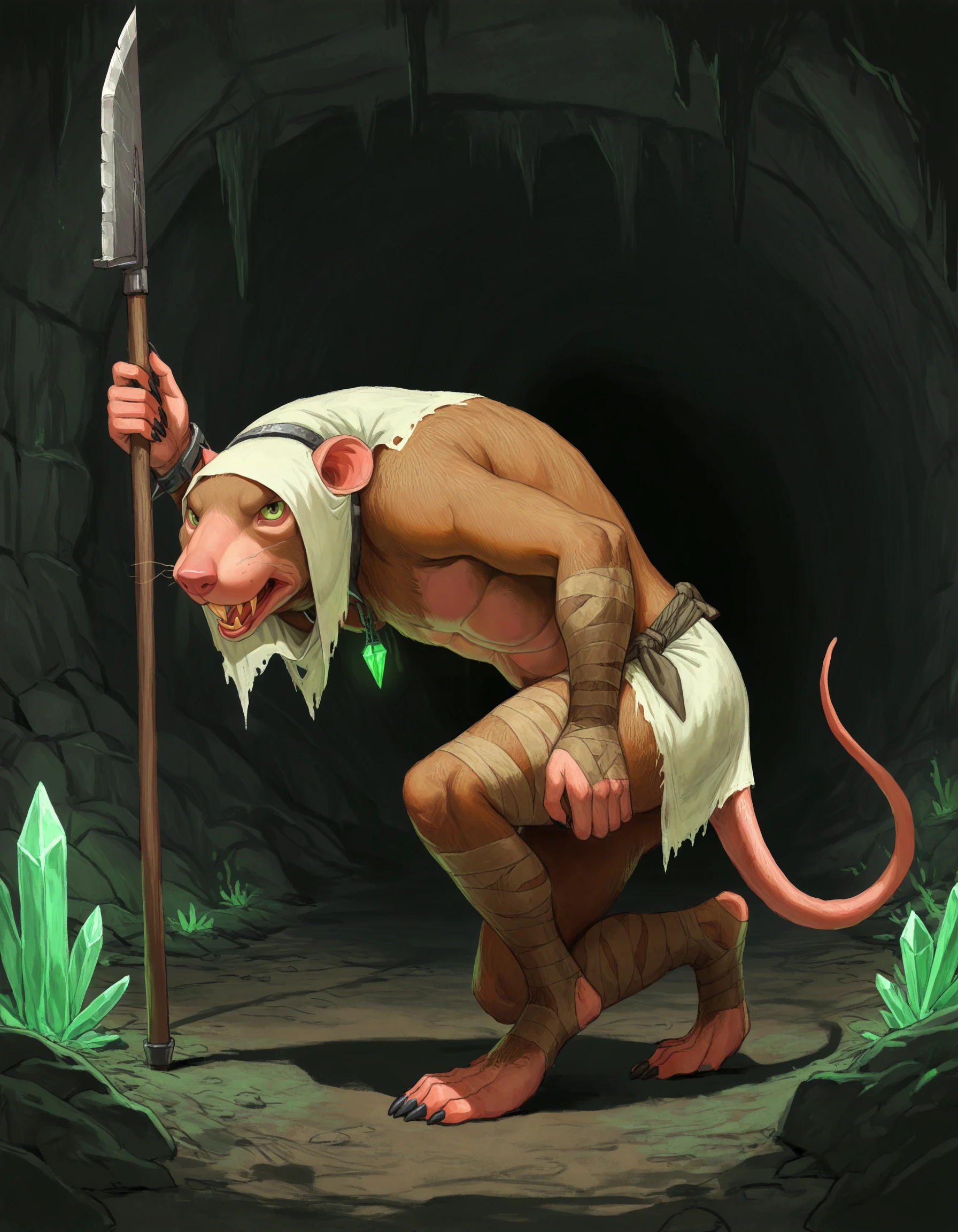 masterpiece, good quality, best quality, 2d, mossacannibalis, faux traditional media,
underground, green crystals, glowing crystal,
Skavenslave, solo, turning head, looking at viewer, male focus, tail, brown fur, digitigrade, holding polearm,
<lora:Skavenslave_Vpred:0.7>