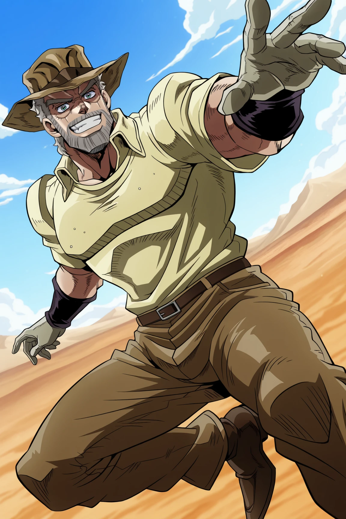 absurdres, amazing quality, highres, best quality,
<lora:Monika_Joseph_Joestar:1>, Monika_Joseph_Joestar, 1boy, solo, male focus, beard, facial hair, hat,grey hair, smile, grin, official style,
gloves, pectorals, muscular male, bara, thonrs, pants, tight clothes, brown pants, shirt, wines, old man, collared shirt, dutch angle, from below, (jojo pose:1.3), close-up, reaching, brown footwear,
bokeh, depth of field, outdoors, blue sky, clouds, sand, desert, visible heat,