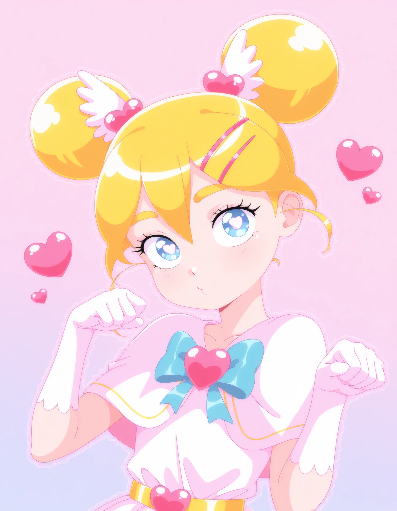 masterpiece, best quality, amazing quality, very aesthetic, high resolution, solo
Mimiko-chan-vkstickrs, twin buns, golden short hair, pink heart-shaped decorations, blue eyes, blue ribbon and a heart-shaped gem, paw pose, pastel colors, pink theme, 80's theme, city pop, colorful, thick outline, vector graphics, abstract background
<lora:Mimiko-chan-vkstickrs_il:0.9>
