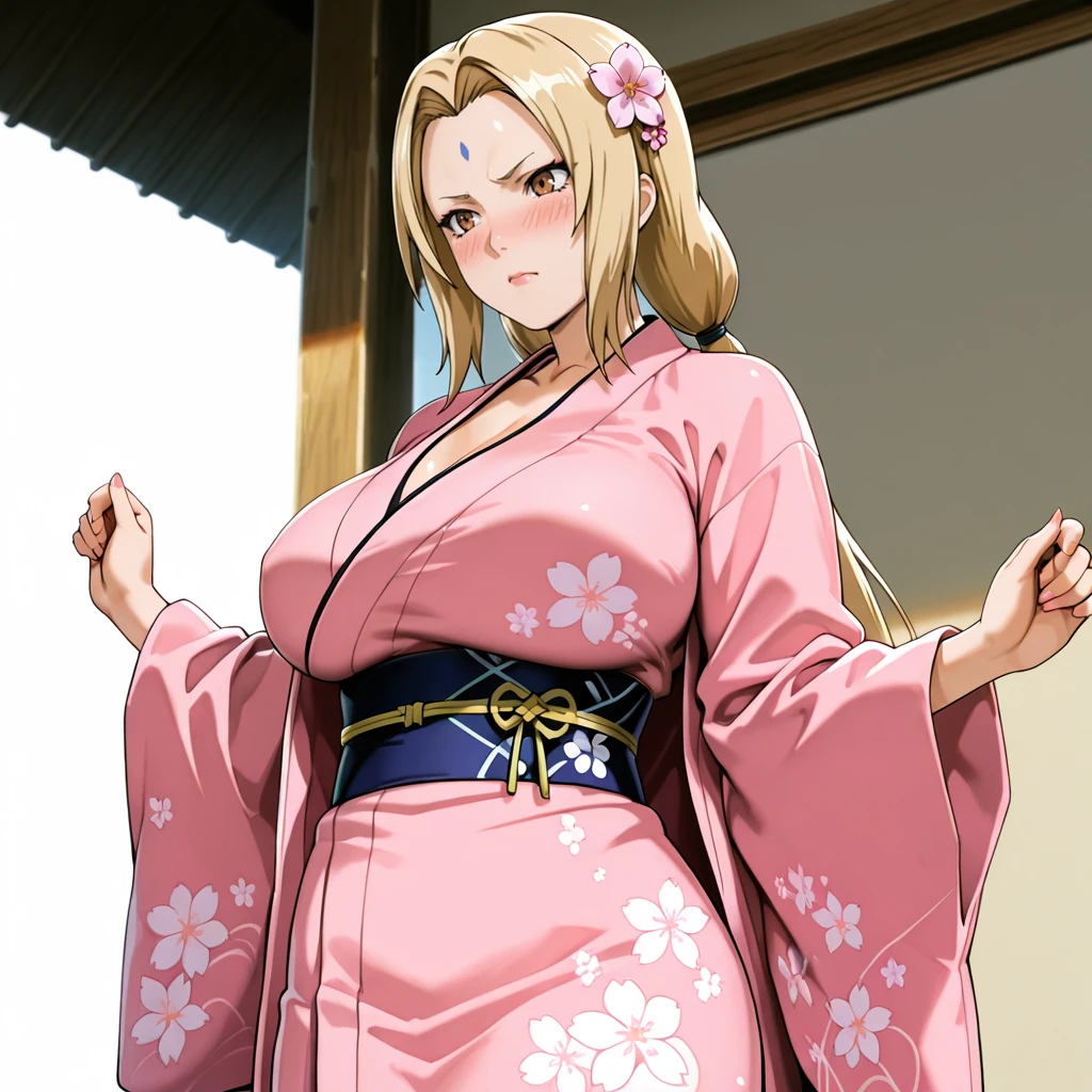 <lora:Tsunade_illustrious_v1:.8> Tsunade, 1girl, blonde hair, large breasts, brown eyes, forehead mark, facial mark, cowboy shot,, japanese clothes, kimono, hair ornament, blush, hair flower, pink kimono, sash, obi, floral print, wide sleeves