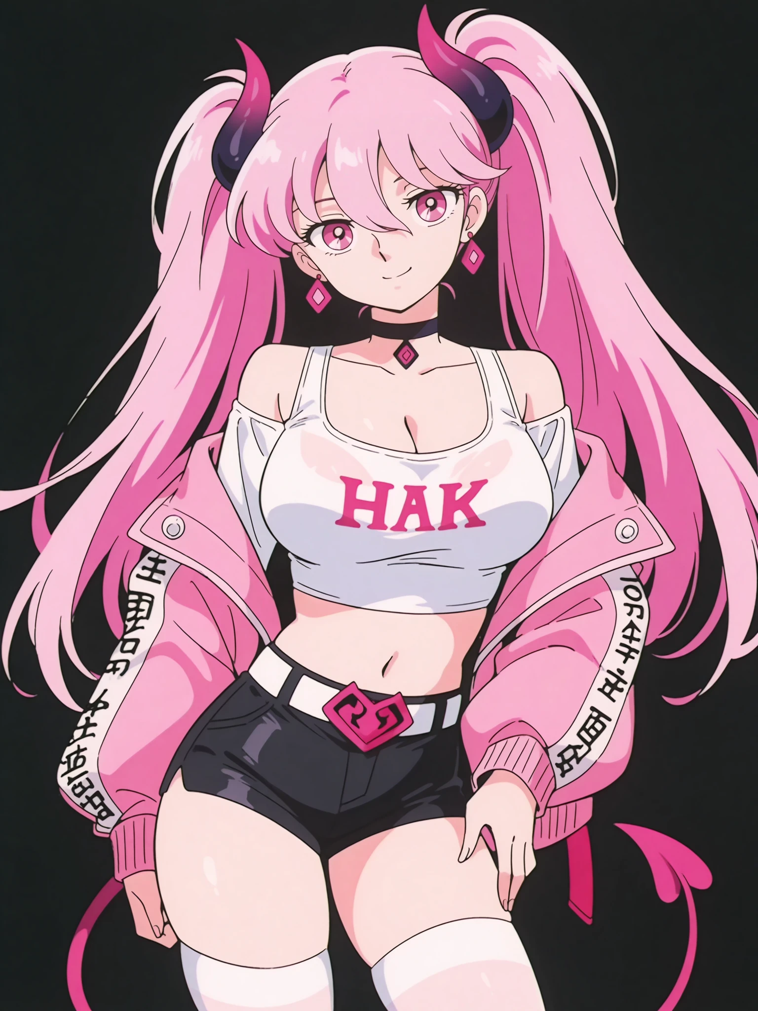 1girl, solo, breasts, tail, pink_hair, horns, demon_tail, shorts, jacket, twintails, large_breasts, smile, looking_at_viewer, long_hair, navel, choker, black_background, pink_eyes, short_shorts, belt, demon_girl, pink_jacket, demon_horns, simple_background, tank_top, open_jacket, cleavage, black_shorts, open_clothes, thighhighs, off_shoulder, bare_shoulders, closed_mouth, head_tilt, hair_between_eyes, cowboy_shot, jewelry, micro_shorts, collarbone, black_choker, white_thighhighs, crop_top, bangs, earrings, clothes_writing, shirt, midriff, standing, see-through, contrapposto, long_sleeves,
<lora:Saint_Seiya_Illustrious_SD8:1>