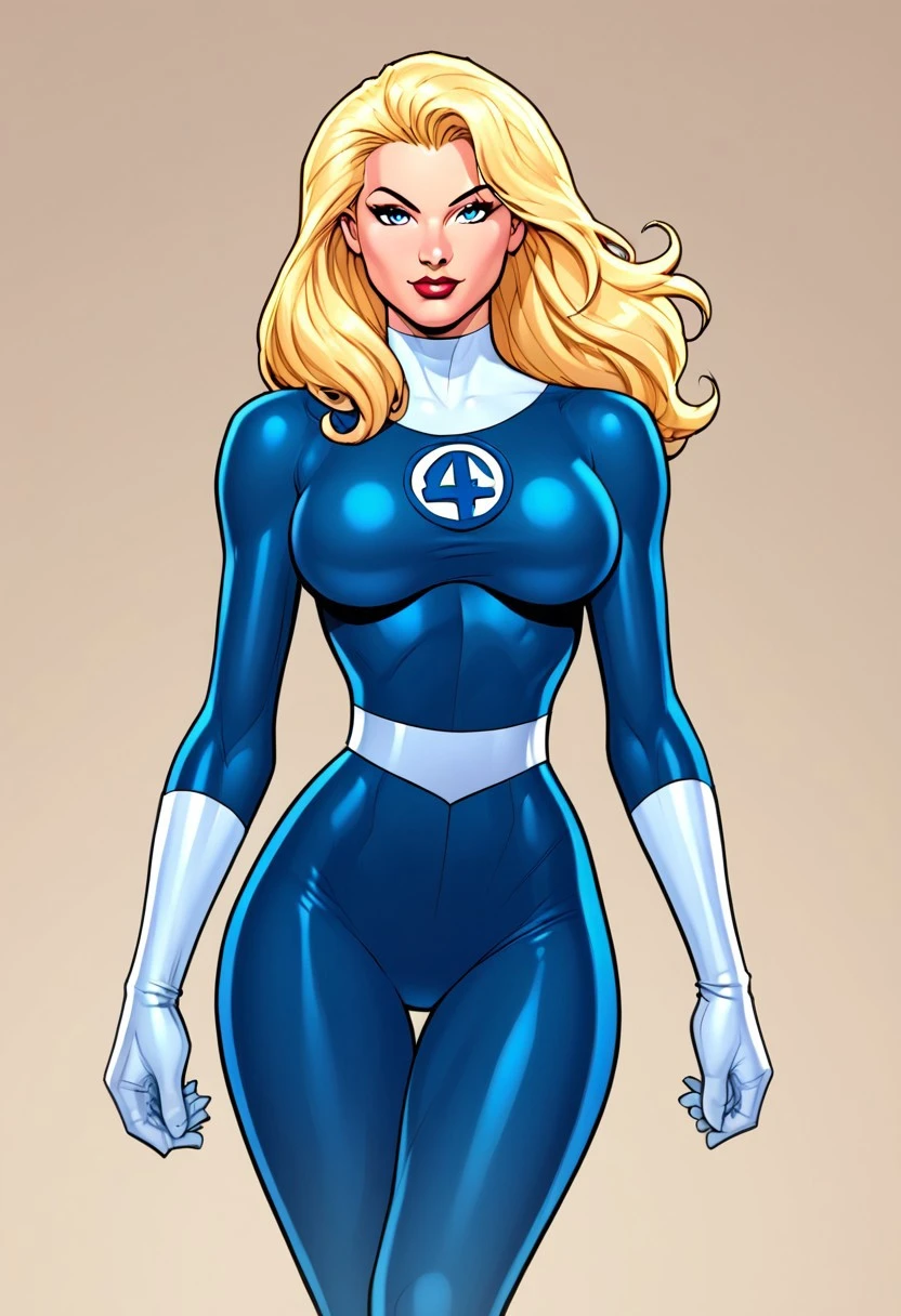 1980s (style), retro artstyle, source_cartoon, score_9, score_8_up, score_7_up, score_6_up, <lora:add-detail-xl:1>, ((zPDXL2)), (perfect anatomy), cowboy shot BREAK  <lora:Sue_Storm:0.8> susan storm, blonde hair, blue eyes, ((solo)), raised eyebrow, flirting, looking back at viewer, lipstick, makeup, bodysuit, skin tight, white gloves, boots, large breasts, curvy, toned, athletic, thigh gap, ((clothes turning invisible)), standing, in futuristic bedroom