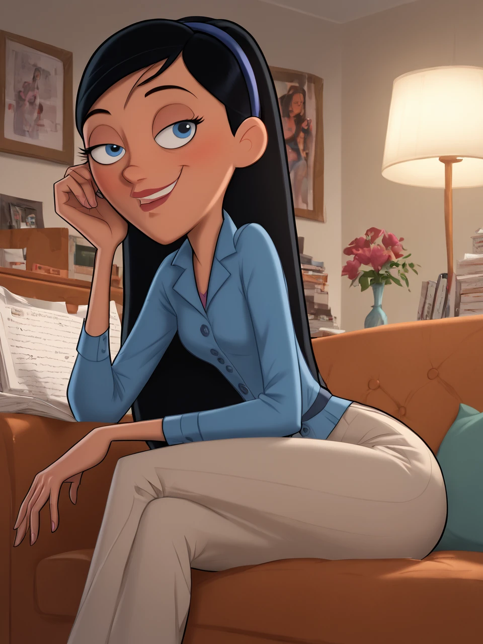 score_9, score_8_up, score_7_up, score_6_up, BREAK, DLT style, VioParr, 1girl, solo, long hair, black hair, hairband, blue eyes, sitting, smile <lora:DLToon_style:1> <lora:Violet_Parr:0.8>