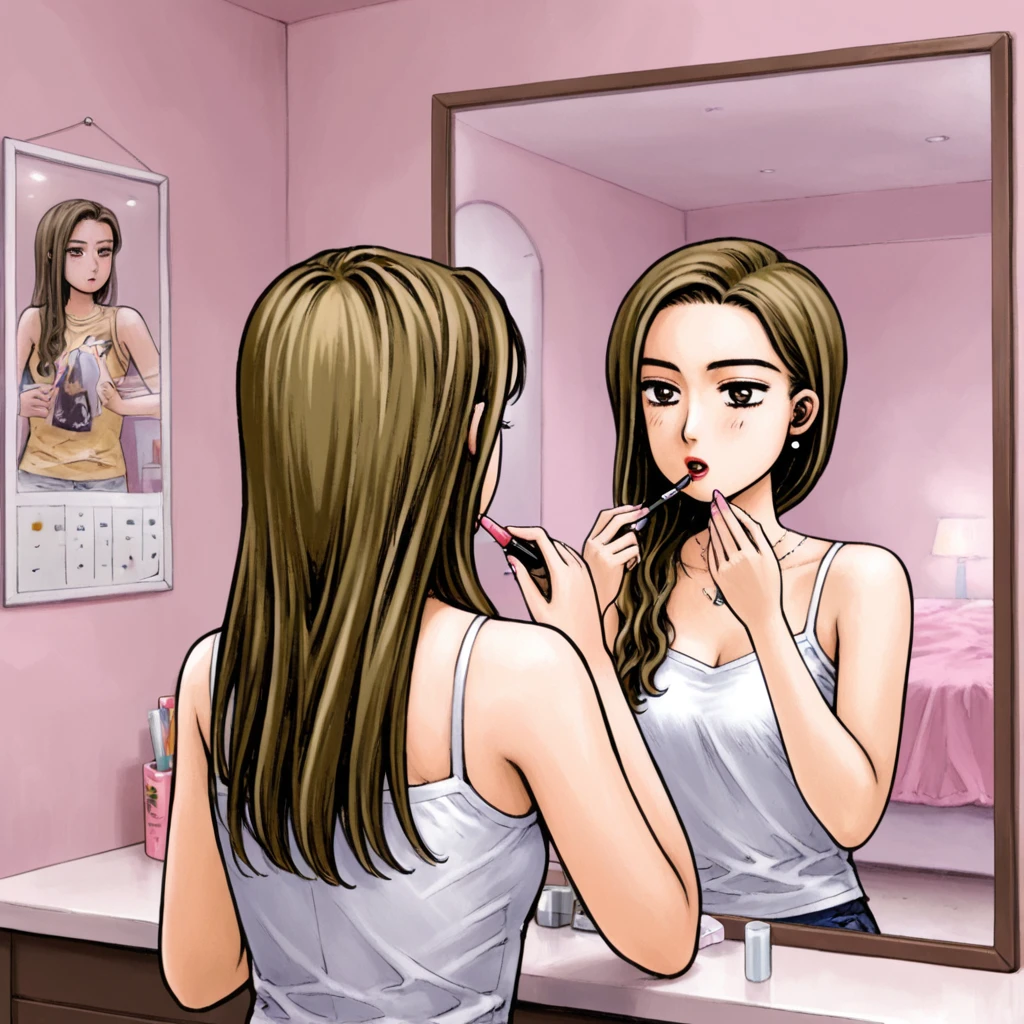 masterpiece, best quality, <lora:Mako_Sayuki:1> sayuki, bedroom, sitting, looking at mirror, applying makeup, upper body,
