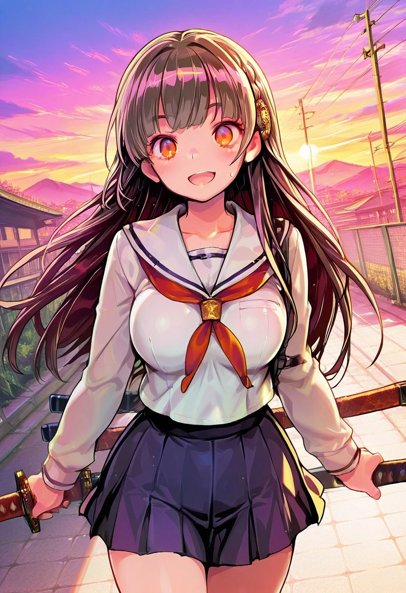 Best quality,masterpiece,soft light,official art,masterpiece,high quality,highres,absurdres,best quality,epic scene,natural textures,easynegative, Erotic_style,eye shape,hair and skin color,light source,
cowboy shot, outdoors, 1girl,solo,smile,noon,open mouth,looking at viewer,
Kikuchiyo,multicolored hair, large_breasts, long_hair, orange eyes, hair_ornament,school uniform,katana