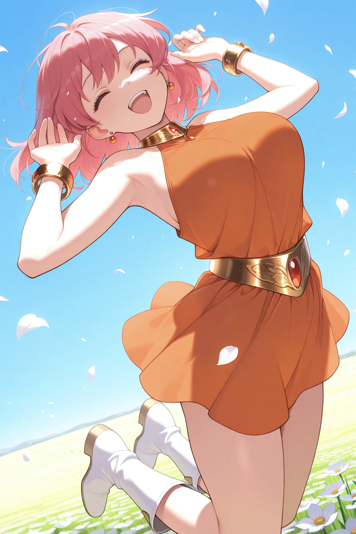 masterpiece, best quality, 1girl, solo <lora:fflenna-illu-nvwls-v1-000006:1> lennact, pink hair, medium hair, earrings, gold collar, orange dress, sleeveless dress, short dress, gold belt, gold bracelet, white boots, large breasts, looking at viewer, jumping, midair, happy, open mouth, closed eyes, hands up, blue sky, field, flower petals, white petals
