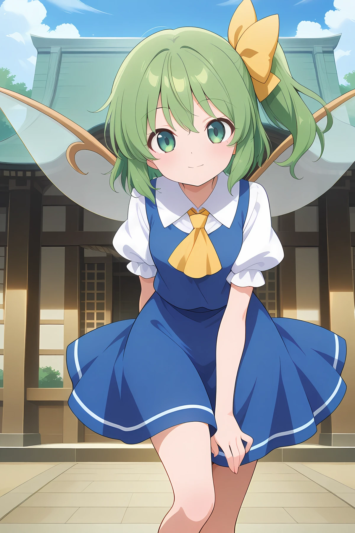 absurdres, highres, masterpiece, best quality, amazing quality, official anime artwork, screencap, anime screencap, outdoors, looking at viewer, light smile, dynamic pose, hakurei shrine,
<lora:Daiyousei_Illustrious:1> daiyousei, 1girl, solo, green hair, green eyes, hair bow, side ponytail, fairy wings,, hair ribbon, ascot, skirt, dress, puffy short sleeves, white shirt,