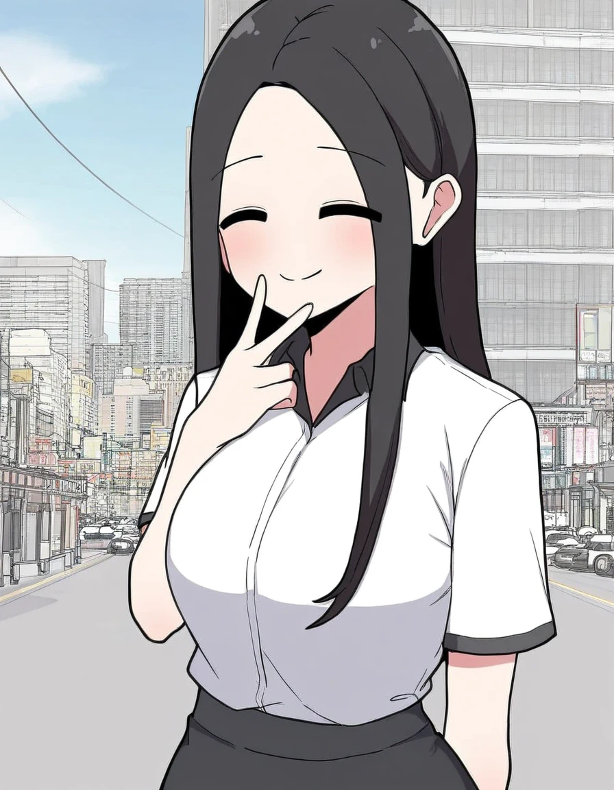 masterpiece, best quality, newest, absurdres, highres, safe,, <lora:yoo-jae-kyung-manhwa-illustriousxl-lora-nochekaiser:1>, yoo jae-kyung, long hair, large breasts, black hair, closed eyes, forehead,, skirt, shirt, white shirt, short sleeves, collared shirt, black skirt, pencil skirt, office lady,, city, buildings, streets, cars, people, , v, v over mouth, smug, looking at viewer, solo,, cowboy shot, solo