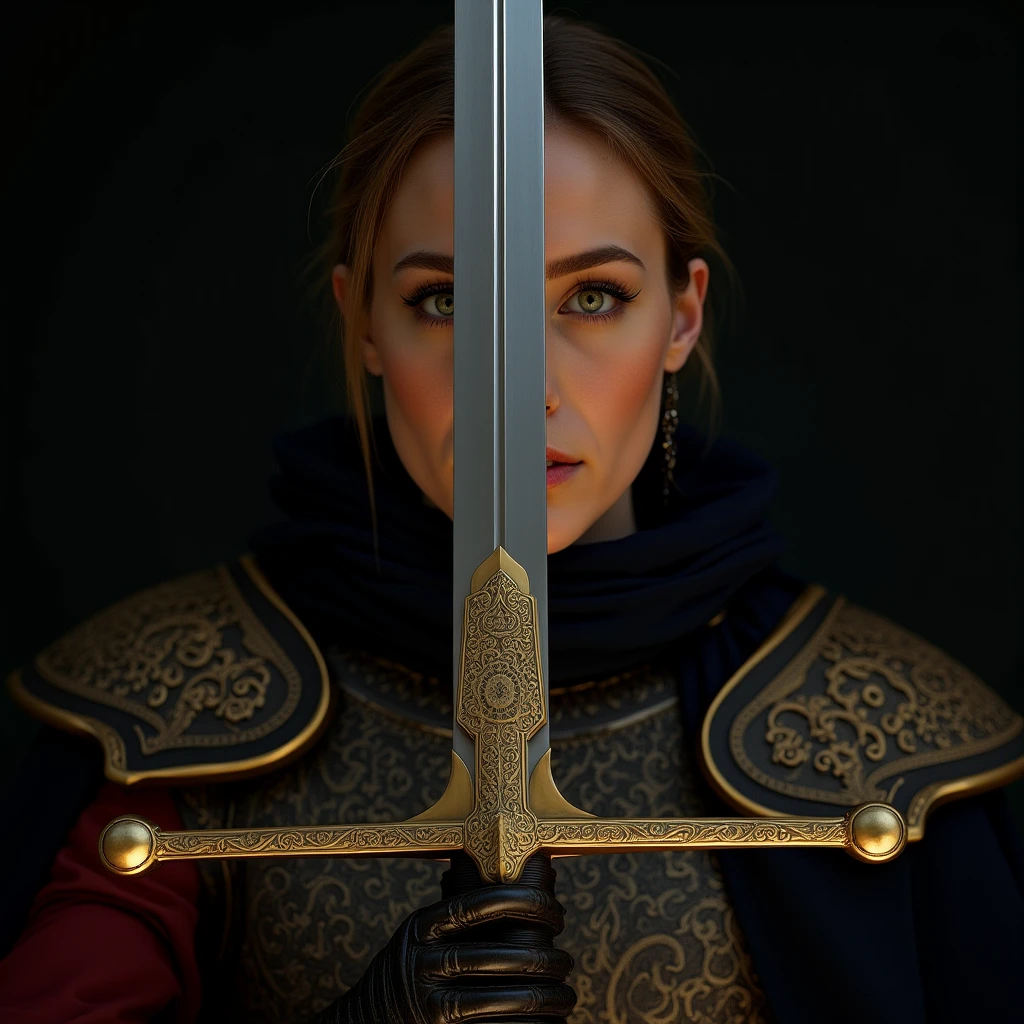 A **majestic female warrior** stands tall, her presence commanding and regal, as she holds a **magnificent royal sword** vertically before her face. Her **ornate battle armor** gleams under the dim, ethereal light, adorned with **golden filigree and intricate engravings**, a masterpiece of both protection and elegance. The **breastplate**, sculpted with flowing patterns of ancient symbols, contours perfectly to her form, while her **pauldrons**, gracefully curved, add an aura of strength and nobility. A **deep crimson or royal blue cape** cascades behind her, shifting slightly in the breeze.
Her **sharp, piercing eyes** are partially obscured by the gleaming blade, her expression a blend of focus, reverence, and unshakable resolve. The **camera’s focus is entirely on the sword**, its **razor-sharp, mirror-polished steel blade reflecting the flickering ambient light**.
The **hilt**, crafted from **pure gold**, is **adorned with radiant gemstones**, each catching the light like celestial stars. The **crossguard**, elegantly curved, features delicate engravings of **royal insignias and mythical creatures**, hinting at a legendary past. Along the **pristine, finely honed blade**, **ancient runes or regal inscriptions shimmer subtly**, their meanings lost to time but still exuding an aura of power.
She holds the **sword in both hands**, its **point resting perfectly aligned with the center of her face**, as if performing a **sacred ritual** or preparing for an **honorable duel**. Her fingers, clad in **ornate armored gloves**, grip the hilt firmly, signifying both mastery and devotion to her cause.
The **background fades into a soft blur**, an ancient battlefield, a grand castle hall, or a temple bathed in mystical light—its details intentionally vague, ensuring that all focus remains on the **radiant steel dividing her face into two mirrored halves**.
The atmosphere is **cinematic, tense, and almost divine**—the **soft glow of torches or the last golden rays of sunset** catching along the sword’s edge, as dust or embers float gently in the air.
This moment is more than just preparation—it is a **silent vow, a warrior’s last breath before destiny unfolds**.
A **hyper-realistic, cinematic, and emotionally striking scene**, capturing the fusion of **beauty, power, and unbreakable warrior spirit** in a single breathtaking image.