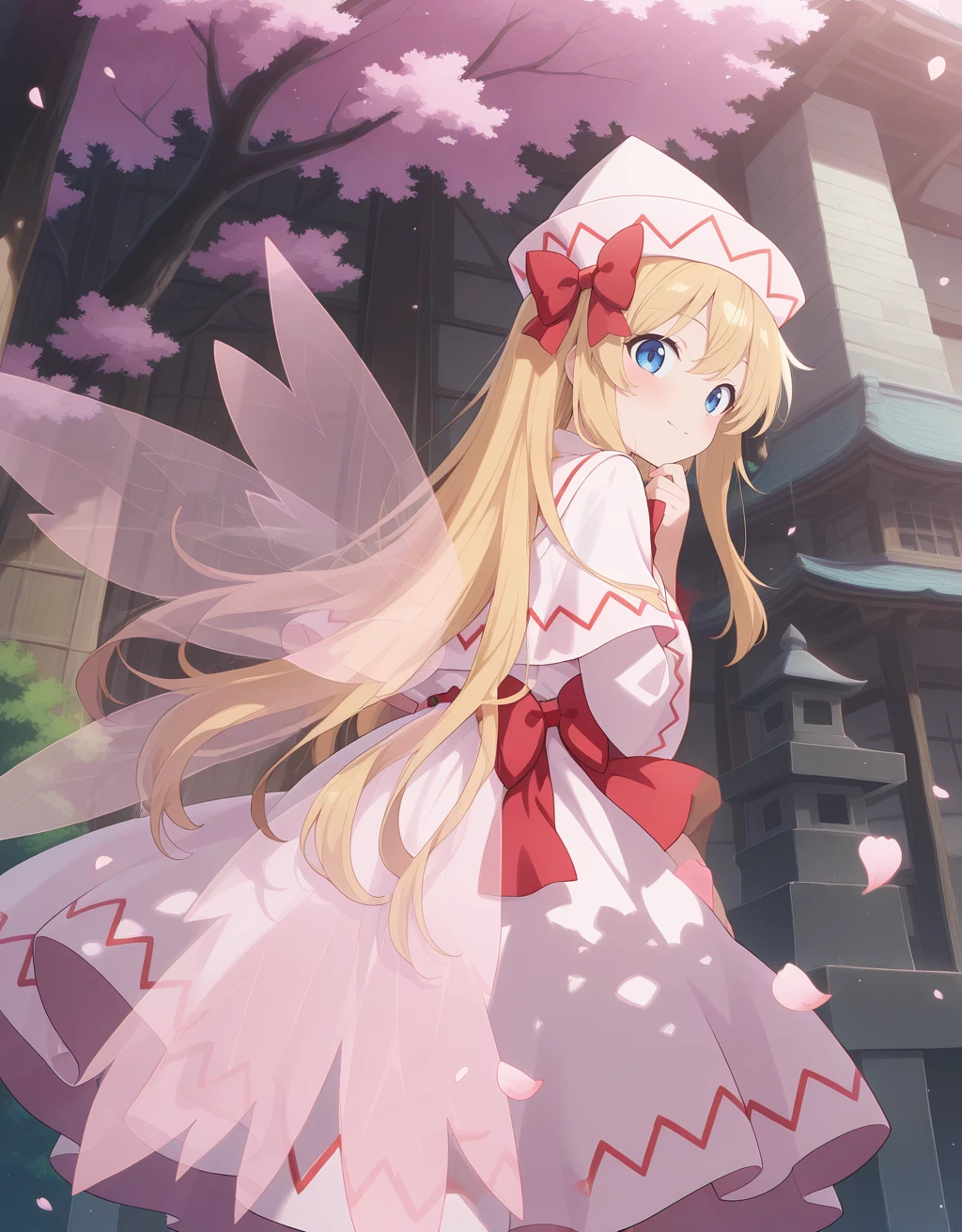 absurdres, highres, masterpiece, best quality, amazing quality, official anime artwork, screencap, anime screencap, outdoors, looking at viewer, from the back, light smile, blush, dynamic pose, day, sakura tree, light particles, petals,
<lora:Lily-White_Illustrious:1> lily white, 1girl, solo, blue eyes, blonde hair, long hair, fairy wings,, white dress, white hat, bow, wide sleeves,