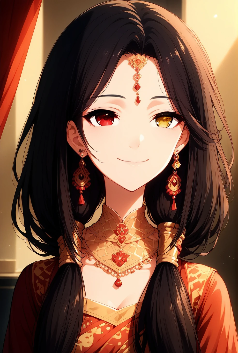score_9_up, score_9, source_anime, 1girl, solo, 3/4 view, smile, closed mouth <lora:Expressive_H:1.75> expressiveh, <lora:Saree:1> saree, indian, indianstyle , earrings, <lora:Kurumi_Tokisaki:1> black hair, red eye, long hair, yellow eye, heterochromia, 1girl, solo, twintails, smile, closed mouth