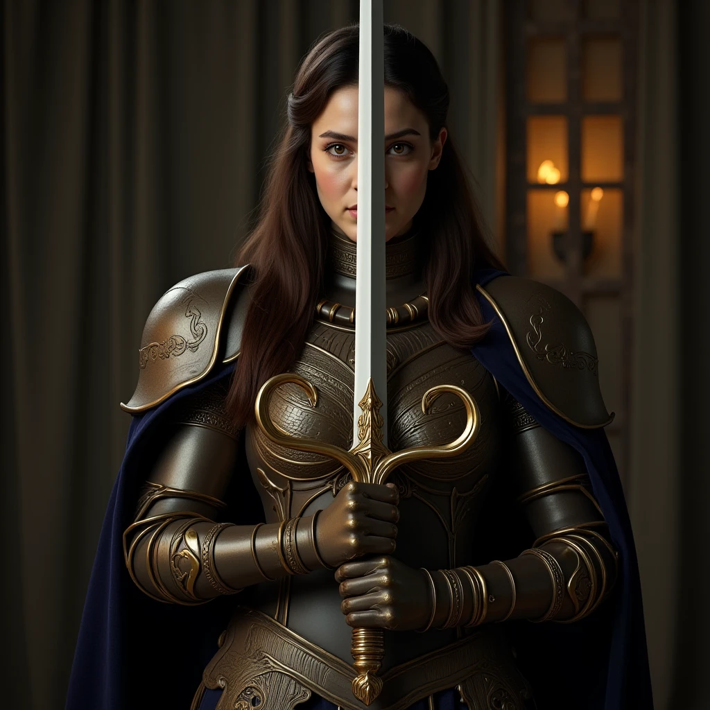 A **majestic female warrior** stands tall, her presence commanding and regal, as she holds a **magnificent royal sword** vertically before her face. Her **ornate battle armor** gleams under the dim, ethereal light, adorned with **golden filigree and intricate engravings**, a masterpiece of both protection and elegance. The **breastplate**, sculpted with flowing patterns of ancient symbols, contours perfectly to her form, while her **pauldrons**, gracefully curved, add an aura of strength and nobility. A **deep crimson or royal blue cape** cascades behind her, shifting slightly in the breeze.
Her **sharp, piercing eyes** are partially obscured by the gleaming blade, her expression a blend of focus, reverence, and unshakable resolve. The **camera’s focus is entirely on the sword**, its **razor-sharp, mirror-polished steel blade reflecting the flickering ambient light**.
The **hilt**, crafted from **pure gold**, is **adorned with radiant gemstones**, each catching the light like celestial stars. The **crossguard**, elegantly curved, features delicate engravings of **royal insignias and mythical creatures**, hinting at a legendary past. Along the **pristine, finely honed blade**, **ancient runes or regal inscriptions shimmer subtly**, their meanings lost to time but still exuding an aura of power.
She holds the **sword in both hands**, its **point resting perfectly aligned with the center of her face**, as if performing a **sacred ritual** or preparing for an **honorable duel**. Her fingers, clad in **ornate armored gloves**, grip the hilt firmly, signifying both mastery and devotion to her cause.
The **background fades into a soft blur**, an ancient battlefield, a grand castle hall, or a temple bathed in mystical light—its details intentionally vague, ensuring that all focus remains on the **radiant steel dividing her face into two mirrored halves**.
The atmosphere is **cinematic, tense, and almost divine**—the **soft glow of torches or the last golden rays of sunset** catching along the sword’s edge, as dust or embers float gently in the air.
This moment is more than just preparation—it is a **silent vow, a warrior’s last breath before destiny unfolds**.
A **hyper-realistic, cinematic, and emotionally striking scene**, capturing the fusion of **beauty, power, and unbreakable warrior spirit** in a single breathtaking image.