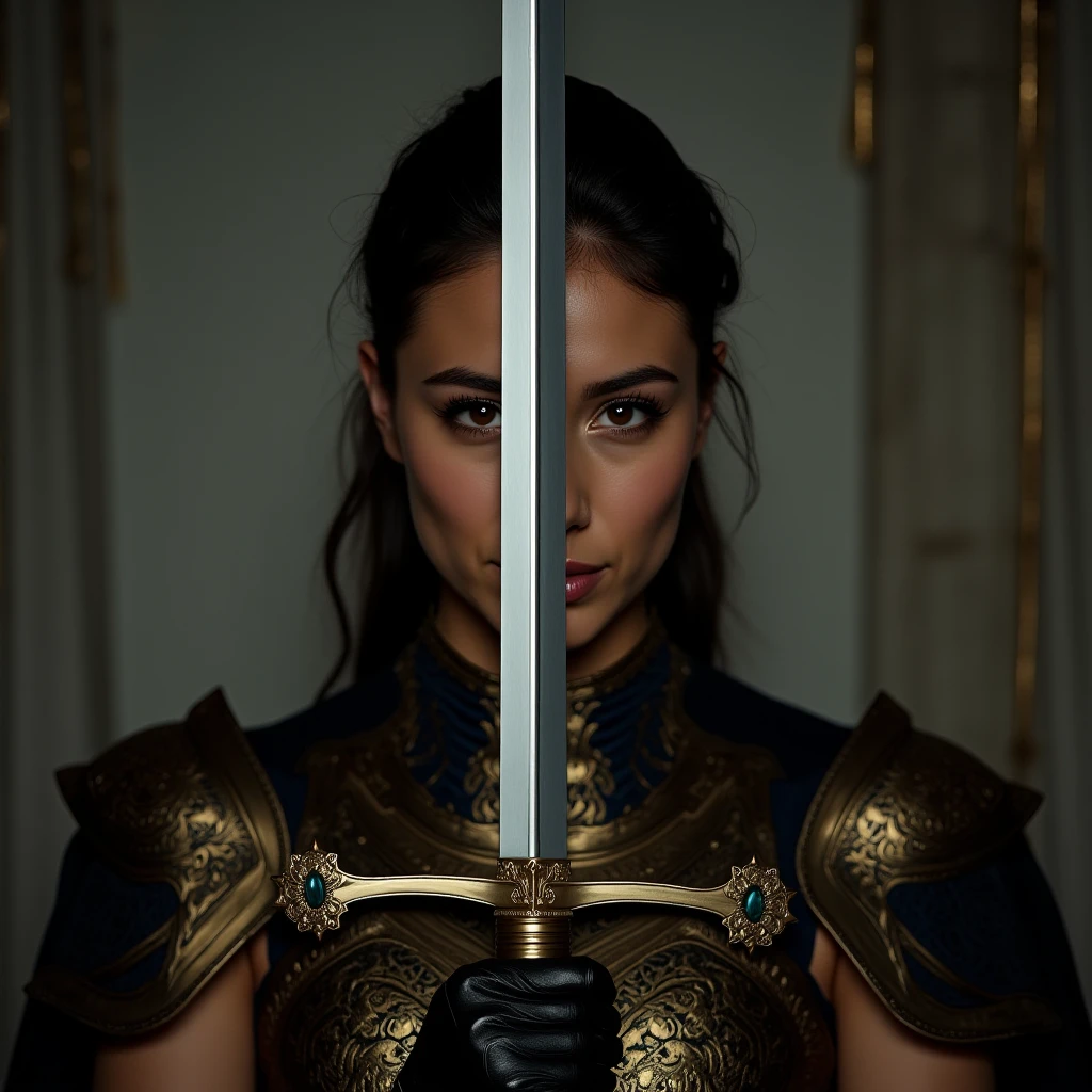 A **majestic female warrior** stands tall, her presence commanding and regal, as she holds a **magnificent royal sword** vertically before her face. Her **ornate battle armor** gleams under the dim, ethereal light, adorned with **golden filigree and intricate engravings**, a masterpiece of both protection and elegance. The **breastplate**, sculpted with flowing patterns of ancient symbols, contours perfectly to her form, while her **pauldrons**, gracefully curved, add an aura of strength and nobility. A **deep crimson or royal blue cape** cascades behind her, shifting slightly in the breeze.
Her **sharp, piercing eyes** are partially obscured by the gleaming blade, her expression a blend of focus, reverence, and unshakable resolve. The **camera’s focus is entirely on the sword**, its **razor-sharp, mirror-polished steel blade reflecting the flickering ambient light**.
The **hilt**, crafted from **pure gold**, is **adorned with radiant gemstones**, each catching the light like celestial stars. The **crossguard**, elegantly curved, features delicate engravings of **royal insignias and mythical creatures**, hinting at a legendary past. Along the **pristine, finely honed blade**, **ancient runes or regal inscriptions shimmer subtly**, their meanings lost to time but still exuding an aura of power.
She holds the **sword in both hands**, its **point resting perfectly aligned with the center of her face**, as if performing a **sacred ritual** or preparing for an **honorable duel**. Her fingers, clad in **ornate armored gloves**, grip the hilt firmly, signifying both mastery and devotion to her cause.
The **background fades into a soft blur**, an ancient battlefield, a grand castle hall, or a temple bathed in mystical light—its details intentionally vague, ensuring that all focus remains on the **radiant steel dividing her face into two mirrored halves**.
The atmosphere is **cinematic, tense, and almost divine**—the **soft glow of torches or the last golden rays of sunset** catching along the sword’s edge, as dust or embers float gently in the air.
This moment is more than just preparation—it is a **silent vow, a warrior’s last breath before destiny unfolds**.
A **hyper-realistic, cinematic, and emotionally striking scene**, capturing the fusion of **beauty, power, and unbreakable warrior spirit** in a single breathtaking image.