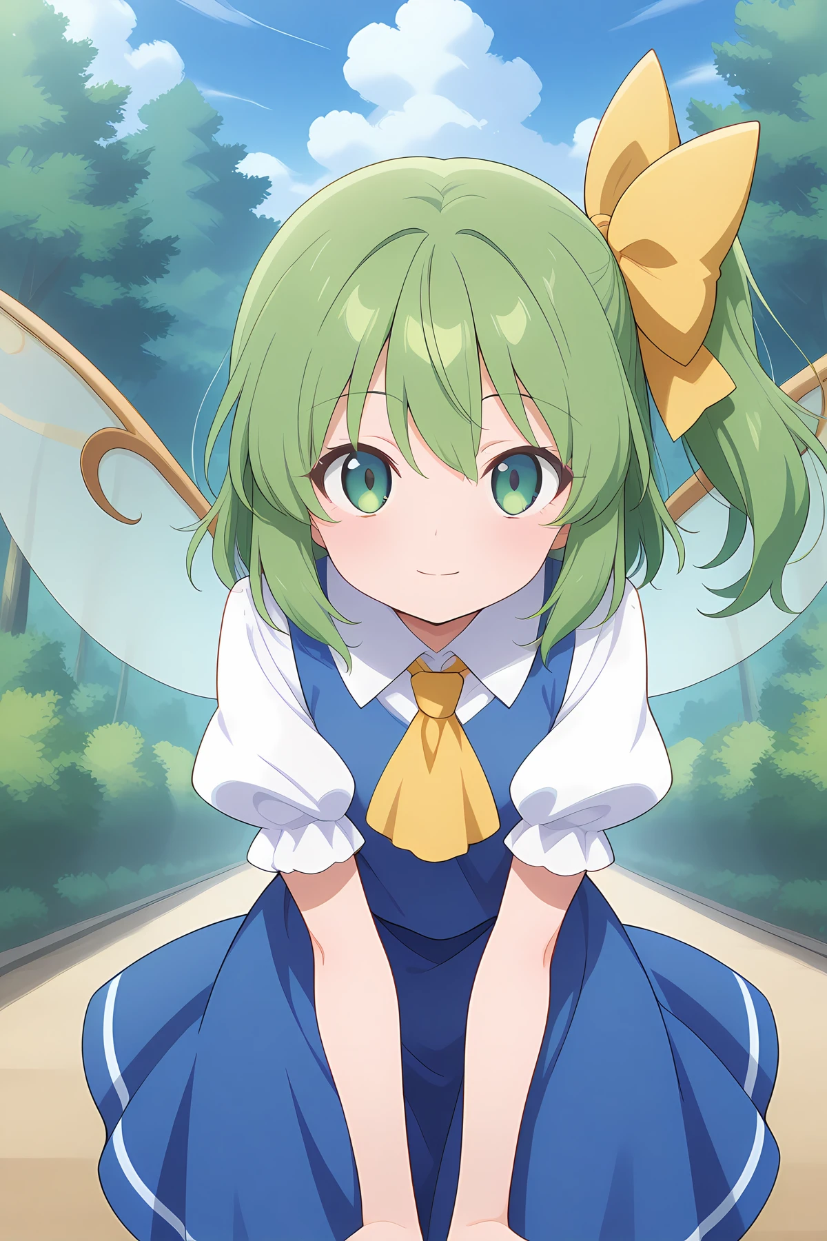 absurdres, highres, masterpiece, best quality, amazing quality, official anime artwork, screencap, anime screencap, outdoors, looking at viewer, light smile, dynamic pose,
<lora:Daiyousei_Illustrious:1> daiyousei, 1girl, solo, green hair, green eyes, hair bow, side ponytail, fairy wings,, hair ribbon, ascot, skirt, dress, puffy short sleeves, white shirt,