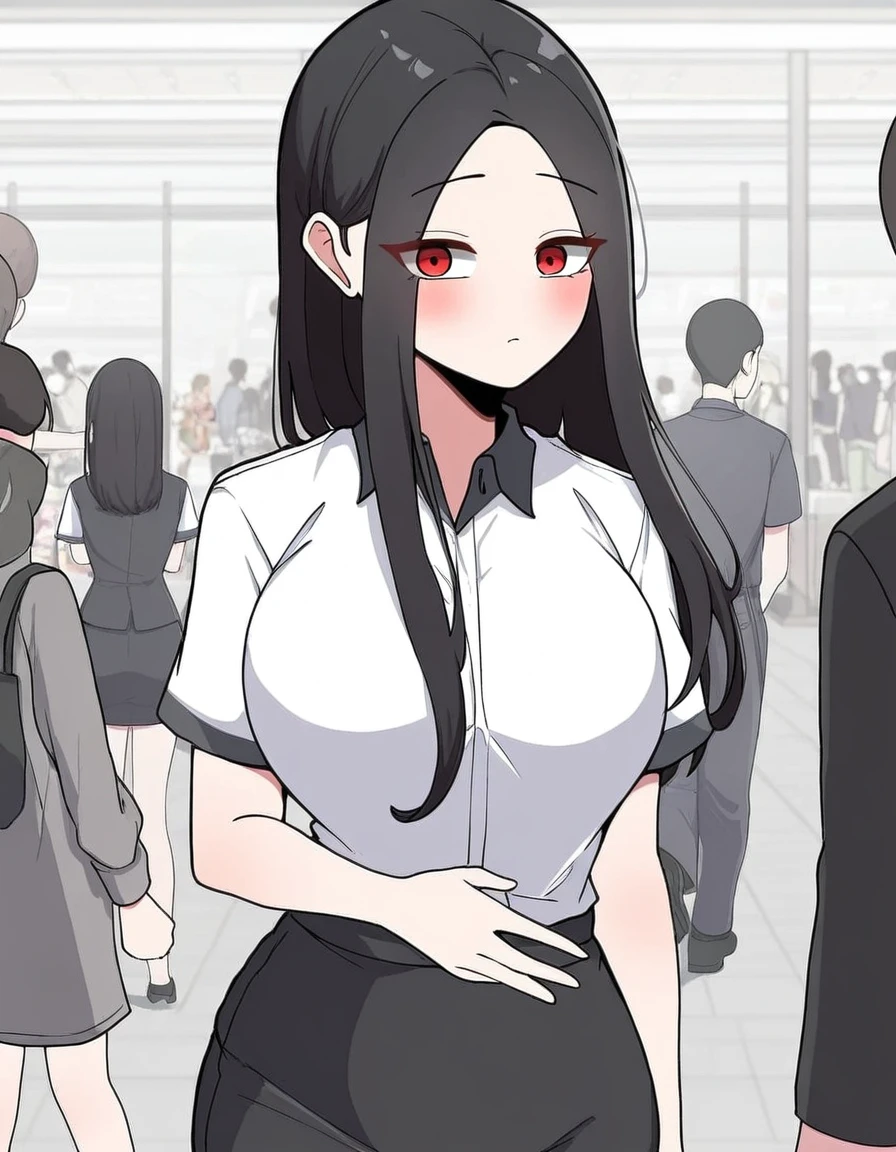 masterpiece, best quality, newest, absurdres, highres, safe,, <lora:yoo-jae-kyung-manhwa-illustriousxl-lora-nochekaiser:1>, yoo jae-kyung, long hair, large breasts, black hair, red eyes, forehead,, skirt, shirt, white shirt, short sleeves, collared shirt, black skirt, pencil skirt, office lady,, mall, shops, people, shopping, big, , hand on stomach, blush, looking at viewer, solo,, cowboy shot, solo