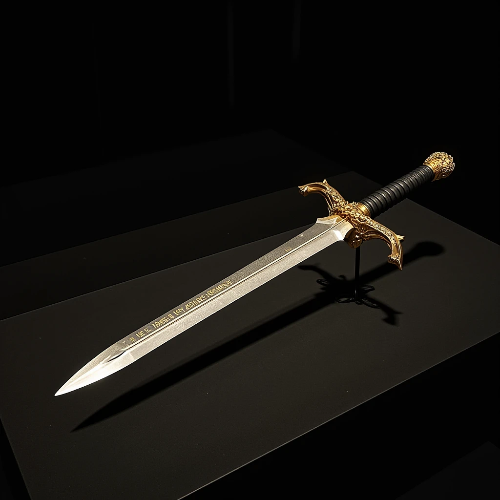 A **legendary sword** rests elegantly on a velvet-lined display stand, positioned **horizontally** in a grand exhibition hall. The soft glow of overhead lighting highlights the **exquisite craftsmanship** of the blade, making every detail visible.
The **hilt is a masterpiece of artistry**, crafted from **solid gold**, sculpted into the fierce and majestic **head of a dragon**, its scales finely etched, its piercing eyes seeming to burn with an eternal fire. The dragon’s mouth is slightly open, revealing sharp, miniature fangs, giving the weapon an aura of both nobility and destruction.
The **blade**, slightly curved and impossibly sharp, gleams under the dim exhibition lights, its **mirror-polished steel surface reflecting the surrounding glow**. The metal seems almost untouched by time, as if preserved by mystical means. Running along the length of the blade, **ancient cuneiform inscriptions** are deeply engraved into the steel, their cryptic symbols whispering forgotten tales of war, power, and conquest. The contrast between the **brilliant silver of the blade and the darkened engravings** creates an almost ethereal effect, as though the words themselves hold an untold power.
The sword is placed atop a **lacquered wooden stand**, accompanied by a **small golden plaque** displaying its name and historical significance. The **glass case surrounding it** ensures its preservation, while subtle reflections of light dance across the surface, enhancing the weapon’s mystique.
Visitors gather around in hushed reverence, mesmerized by the **majestic balance of power and beauty** in this artifact. Some gaze in awe at the **elegant curve of the blade**, others whisper theories about the **ancient inscriptions carved into the steel**—is it a lost language of an extinct civilization? A spell of protection? A warning?
The background is blurred, ensuring the **sharp focus remains entirely on the sword**, allowing its sheer presence to dominate the scene. Perhaps it was once wielded by **a forgotten king, an exiled warrior, or a divine champion**, but now it rests here, a silent relic of an age long past, its **story waiting to be uncovered**.
A hyper-realistic, cinematic, and emotionally captivating scene, capturing the power, mystery, and timeless elegance of a sword that holds the weight of history itself.
