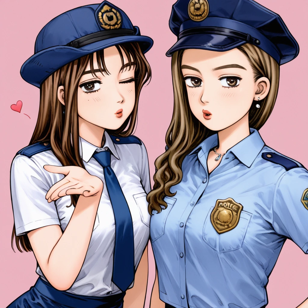 masterpiece, best quality, <lora:Mako_Sayuki:1> 2girls, mako, sayuki, collared shirt, police hat, police uniform, pencil skirt, flirting, blowing kiss, looking at viewer, one eye closed, police badge, upper body,