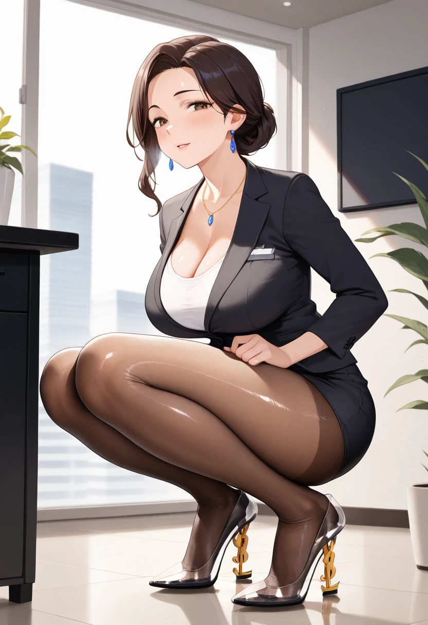 absurdres, (masterpiece, best quality), mature female, milf, solo, (cleavage:0.6), <lora:Yumiko:.55>, fw.yumiko, looking at viewer, (wide hips:1.2), (office lady, office:1.5),(black suit, business suit, black jacket :1),necklace, (look from above:1.1), sitting,
(fitness:0.9),(milf:1),(small breasts:0.8), looking at viewer,(plump:0.9), closed lips, closed mouth, <lora:hipoly_3dcg_v7-epoch-000012:0.1>,