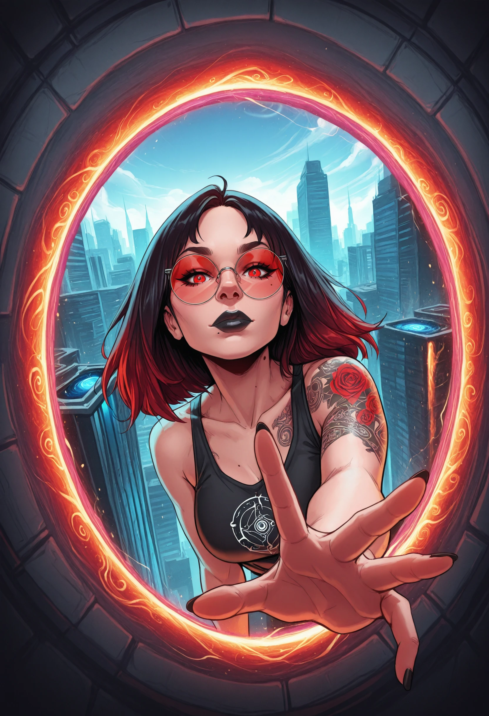 p0rtalreach, ne0npunk, portal, arm reaching through portal, looking at viewer, reaching toward viewer, 1girl, solo, red eyes, round eyewear, mole, tattoos, city, best quality, masterpiece, <lora:PortalReachIllustrious:0.7>, <lora:NeonPunkIllustrious:0.8>