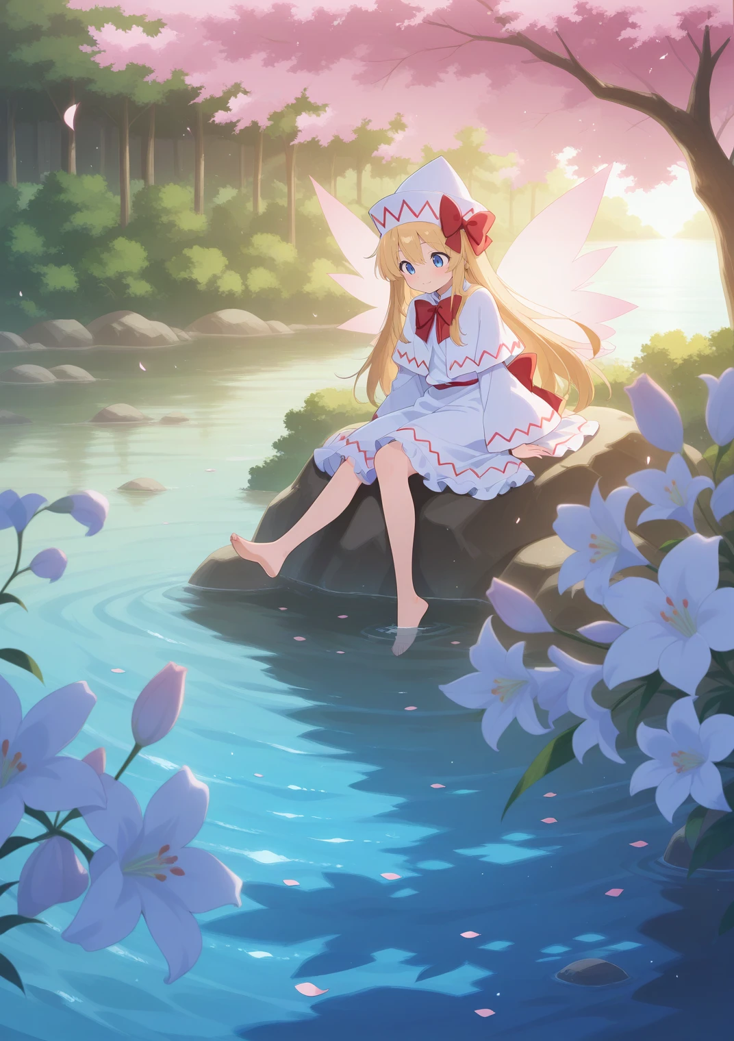 absurdres, highres, masterpiece, best quality, amazing quality, official anime artwork, screencap, anime screencap, outdoors, looking down, light smile, blush , from the side, sitting, dynamic pose, day, sakura tree, light particles, petals, water, barefoot, foot on water, sitting on rock,
<lora:Lily-White_Illustrious:1> lily white, 1girl, solo, blue eyes, blonde hair, long hair, fairy wings,, white dress, white hat, bow, wide sleeves,