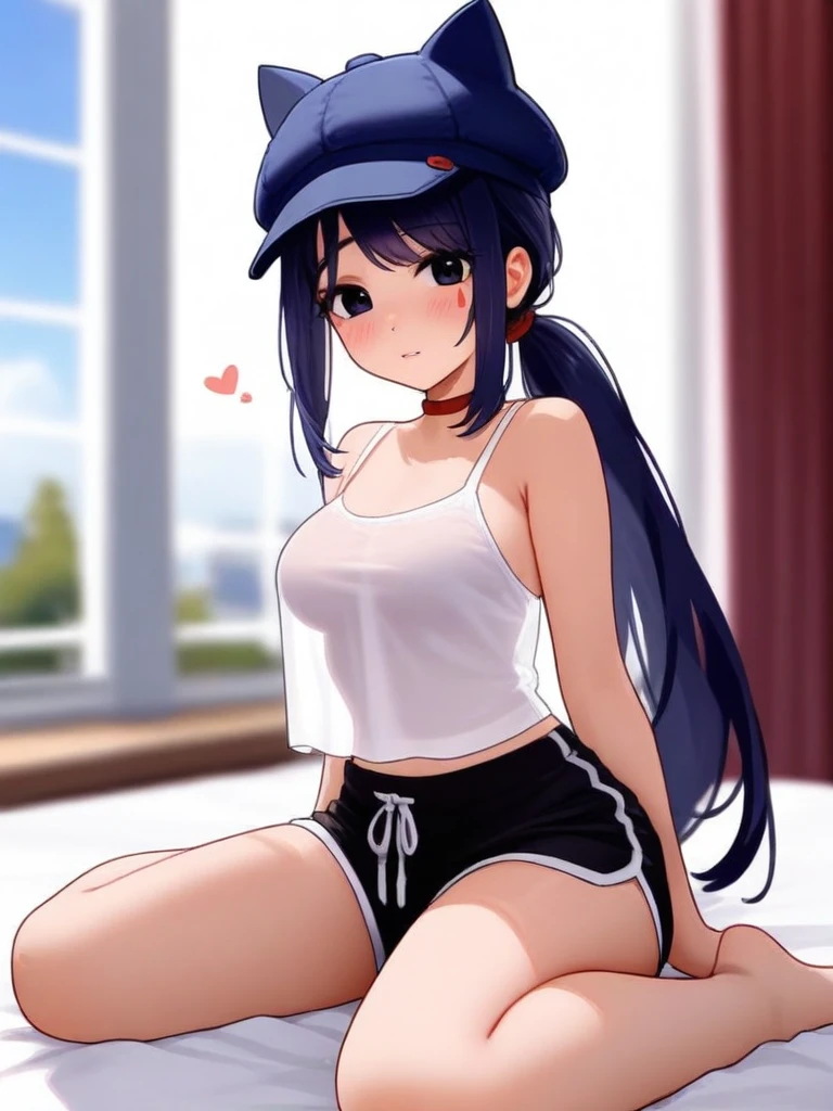 masterpiece,best quality,very aesthetic,highres,absurdres,<lora:hatmita_ill:1>,hatmita,1girl,solo,indoors,blurry background,looking at viewer,blush,medium breasts,thighs,alternate costume,dolphin shorts,black shorts,bare shoulders,on bed,window,white camisole,teardrop facial mark,see-through camisole,wariza,bed sheet,see-through silhouette,blue hat,see-through clothes,