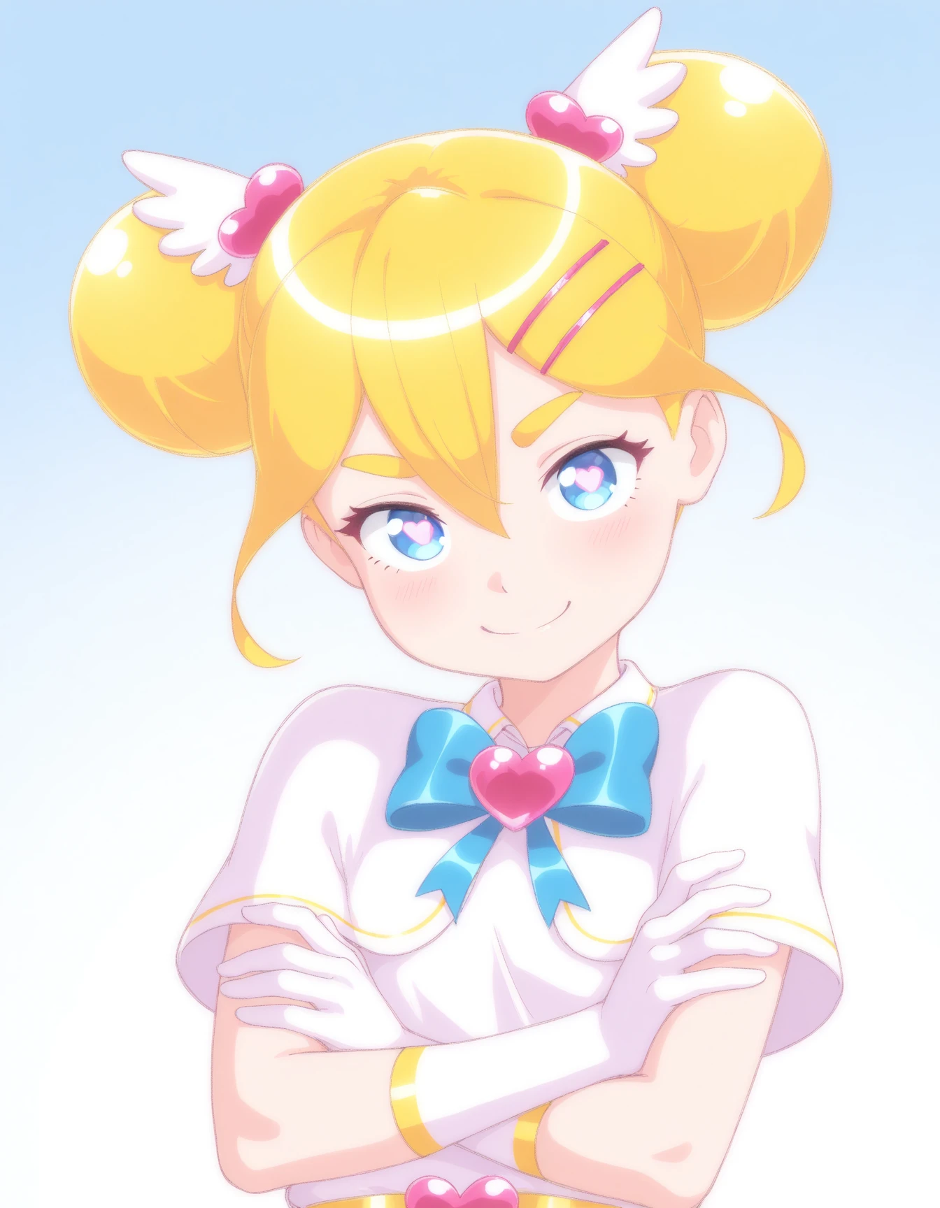 masterpiece, best quality, amazing quality, very aesthetic, high resolution
Mimiko-chan-vkstickrs, golden twin buns, pink heart-shaped decorations, blue eyes, blue ribbon and a heart-shaped gem at the center, gradient background, crossed arms, looking at viewer, smile, 4 fingers
<lora:Mimiko-chan-vkstickrs_il:0.9>