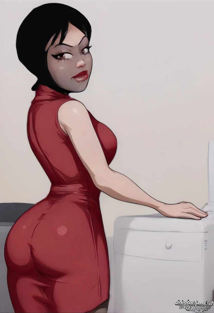 side view of (Sexy busty) woman with medium breasts, pantyhoseonh3ad, (in an office)+++ source_anime, imadeej, adwngxl, red dress, drewgardner, Ada, black hair, brown eyes, - short hair, classic, imadeej, solo