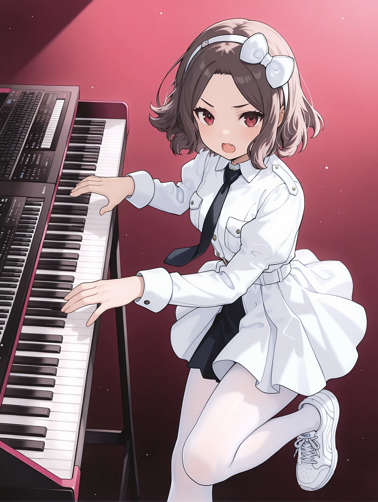 masterpiece,best quality,newest,1girl,solo,
<lora:TOMO_EBIZUKA_ilxl_v1.2:1>,tomo_ebizuka,brown hair,white hair bow,
<lora:Fixhands_anime_bdsqlsz_V1:1>,keyboard (instrument),hairband,white bow,black necktie,fang,white hairband,white dress,white jacket,breast pocket,juliet sleeves,long sleeves,white pleated skirt,sneakers,white_pantyhose,shoes,
looking_at_viewer,open mouth,