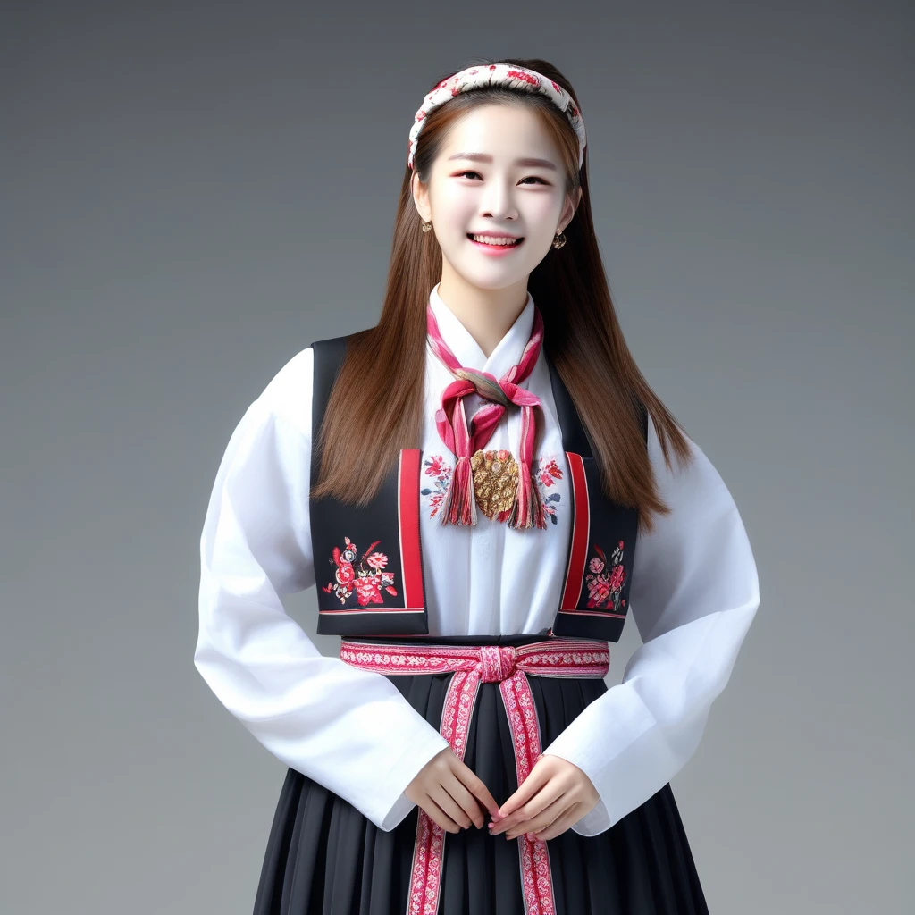 blurry background, brown hair, hairband, korean clothes, grey background, day, white shirt, standing, grin, Bunad, dress, black jacket, rose, long hair, upper body, full body, simple background, traditional clothes, outdoors, black skirt, braid, closed eyes
