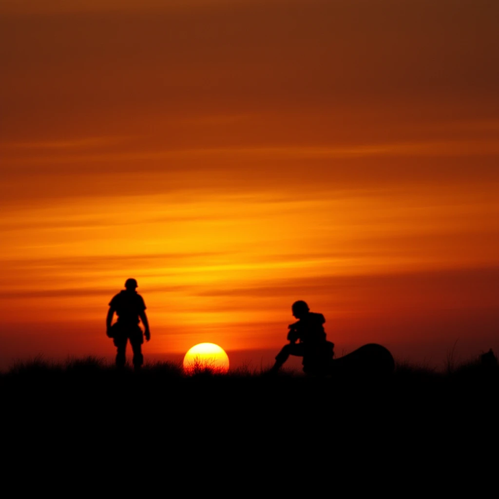 UHD, 4k, ultra detailed, cinematic, a photograph of <lora:silhouette style v1:0.8>
A silhouette photo of two soldiers are silhouetted against a sunset sky,, epic, beautiful lighting, inpsiring