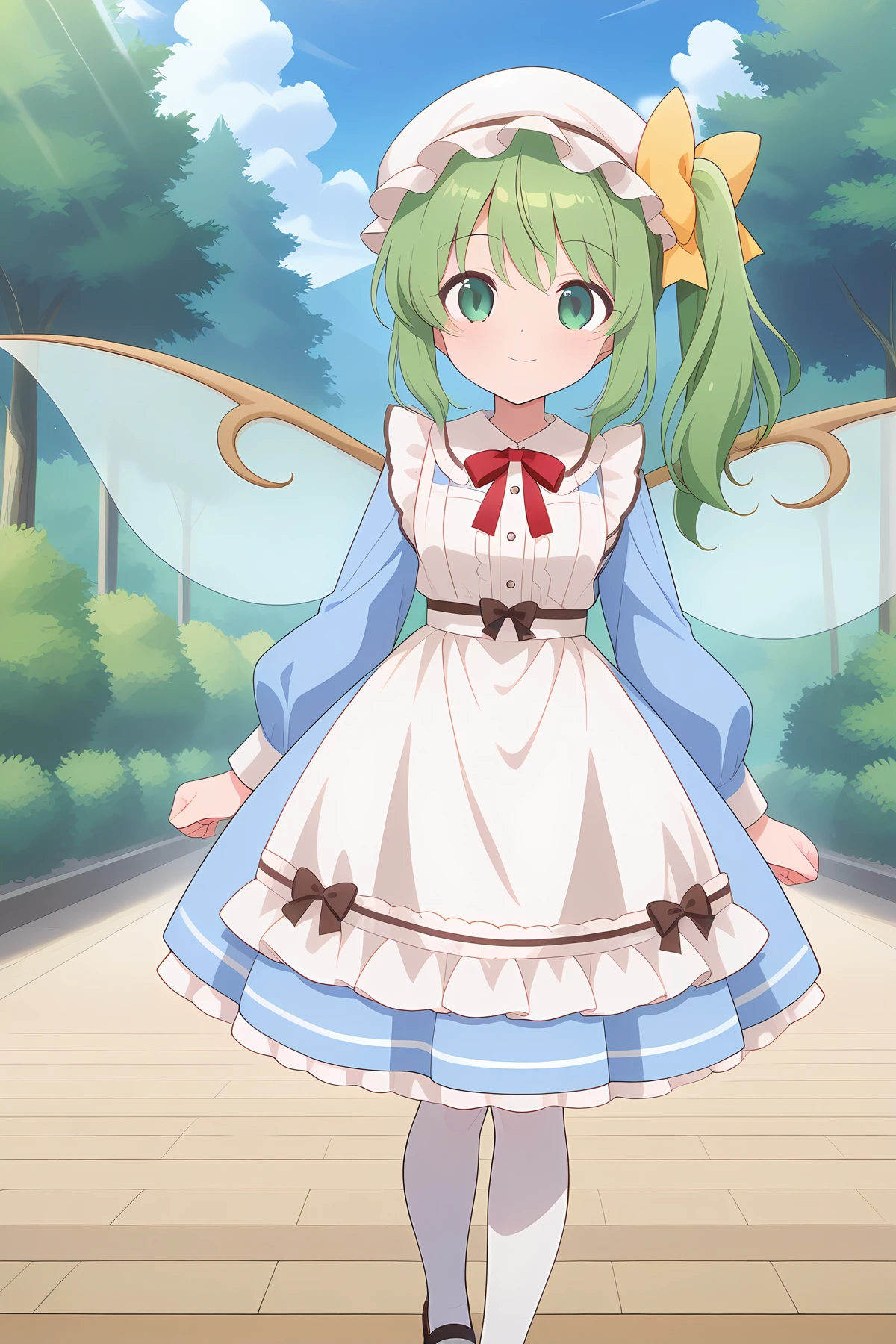 absurdres, highres, masterpiece, best quality, amazing quality, official anime artwork, screencap, anime screencap, outdoors, looking at viewer, light smile, dynamic pose,
<lora:Daiyousei_Illustrious:1> daiyousei, 1girl, solo, green hair, green eyes, hair bow, yellow bow, side ponytail, side braid, fairy wings,, daiyousei \(casual fairy maid\), alternate costume, alternate hairstyle, apron, dress, hat, maid, maid apron, mary janes, mob cap, white apron, white hat, blue dress, red ribbon, white pantyhouse,