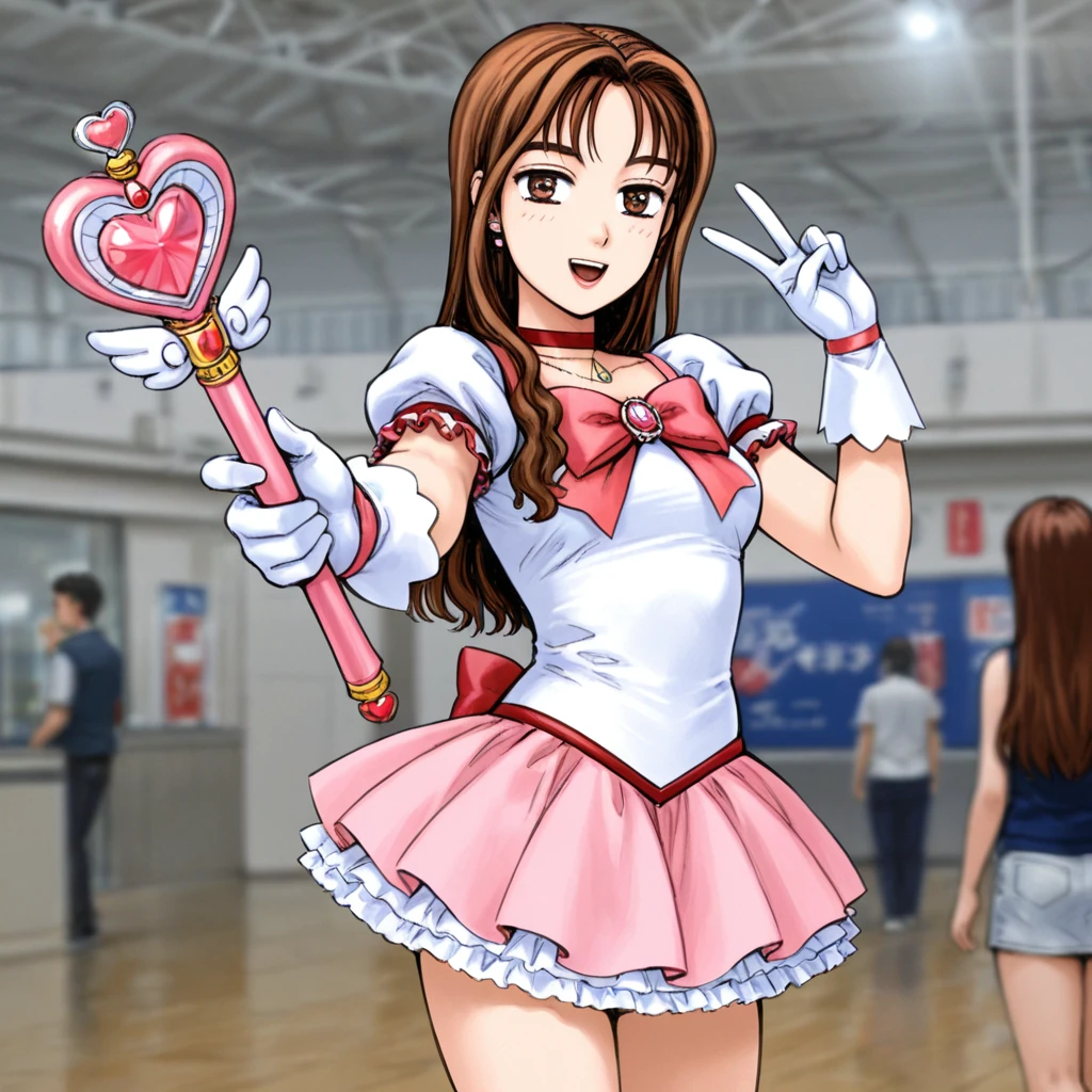masterpiece, best quality, <lora:Mako_Sayuki:1> mako, long hair, magical girl, cowboy shot, heart wand, convention, v,