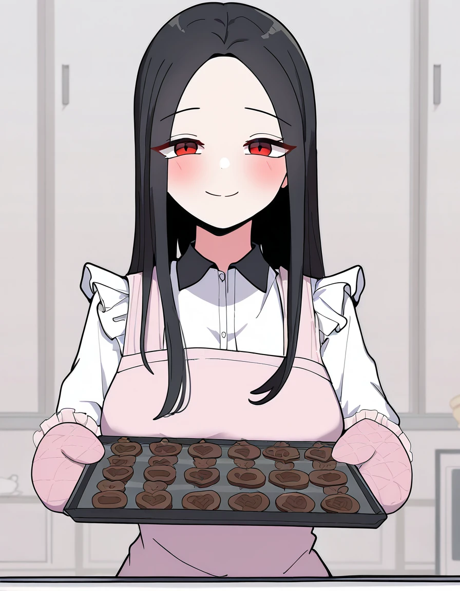 masterpiece, best quality, newest, absurdres, highres, safe,, <lora:yoo-jae-kyung-manhwa-illustriousxl-lora-nochekaiser:1>, yoo jae-kyung, long hair, large breasts, black hair, red eyes, forehead,, <lora:baking-cookies-ponyxl-lora-nochekaiser:1>, baking cookies, looking at viewer, blush, smile, gloves, holding, frills, food, indoors, apron, chocolate, cookie, oven mitts,, , cowboy shot, solo