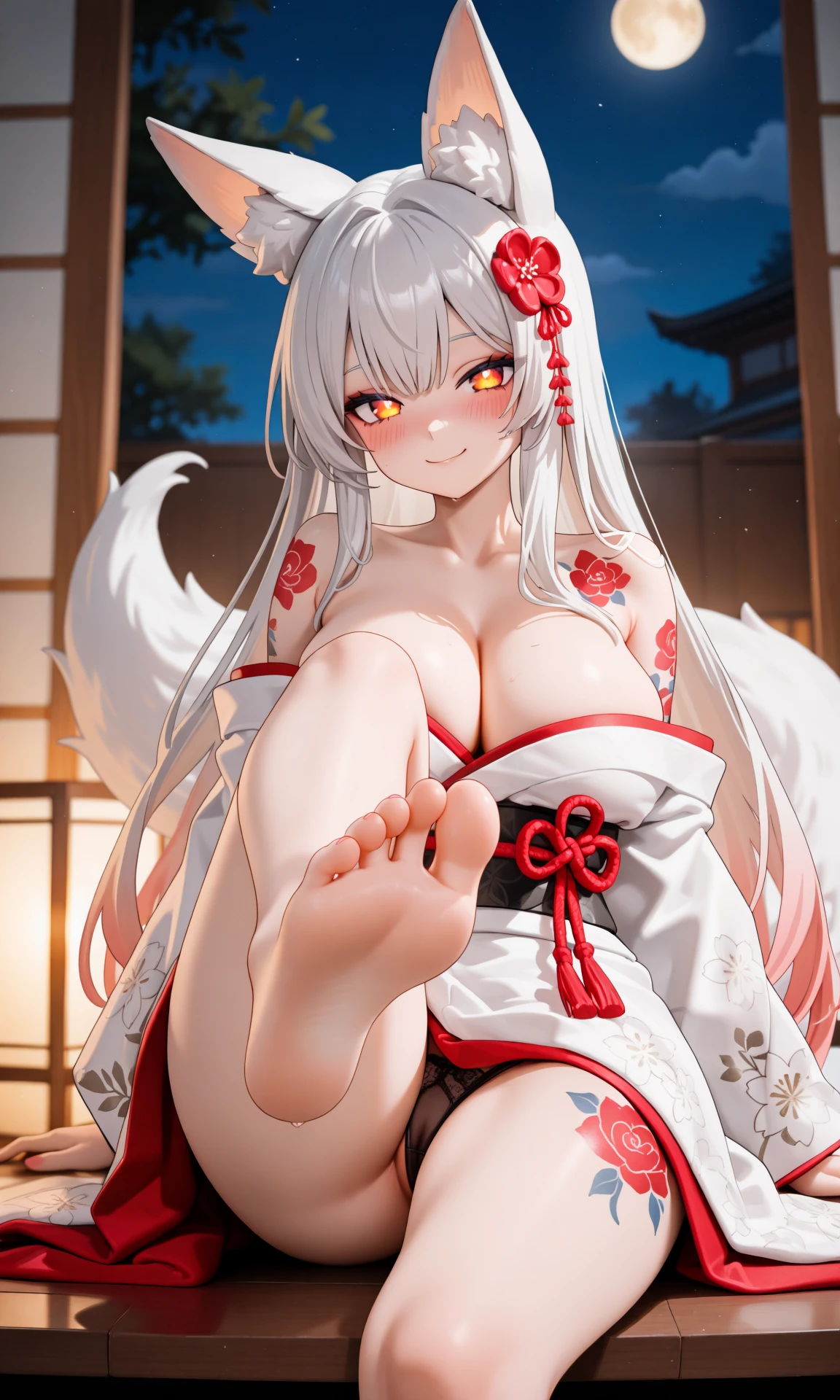 soles,toes,foreshortening,sitting,legs raised,legs slightly spread,perfect face,1girl,feet close up,one leg,one foot,feet very close,woman,kitsune girl,golden bands,blushing,heart,cowboy shot,beautiful face,thick eyelashes,glowing orange eyes,fox ears,long flowy silver hair,cute smile,dark eyeshadow,glowing shoulders tattoos,glowing tattoos,floral decoration in hair,night time,shinning moon,blush,white floral kimono,large breasts,cleavage,japanese theme,, ,masterpiece, best quality, absurdres, newest, very aesthetic, amazing quality,highres,sensitive, highres, ultra detailed, best anatomy, HDR, 8K, high detail RAW color art, high contrast, large pupil,