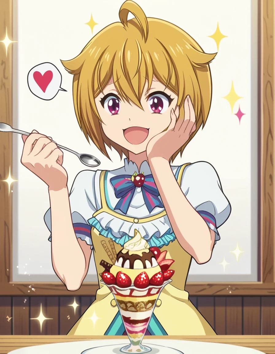 score_9, score_8_up, score_7_up, source_anime, <lora:tsubasa-ibuki-s1-ponyxl-lora-nochekaiser:1>, tsubasa ibuki, short hair, blonde hair, ahoge, pink eyes, hair flaps, mature female, small breasts, anime screencap, <lora:parfait-ponyxl-lora-nochekaiser:1>, parfait, open mouth, heart, food, sparkle, fruit, happy, hand on own face, spoken heart, ice cream, strawberry, spoon, hand on own cheek, cherry, holding spoon,, , cowboy shot, solo