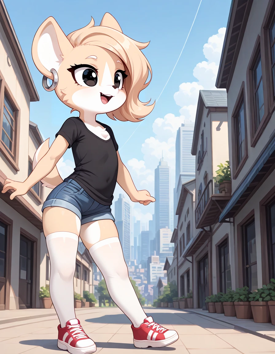 masterpiece, best quality,
outdoors,detailed background,city
full body,happy,long eyelashes,chest fluff, black shirt,denim shorts, white thighhighs, sports footwear,
<lora:add-detail-xl:1>,
<lora:Maddy_v0.1_ILXL:1>,
Maddy,1girl,solo,animal ears,furry female,animal nose,tail,body fur,two-tone fur,earrings,white fur,black eyes,flat chest,jewelry,blonde hair,hoop earrings,short hair,
