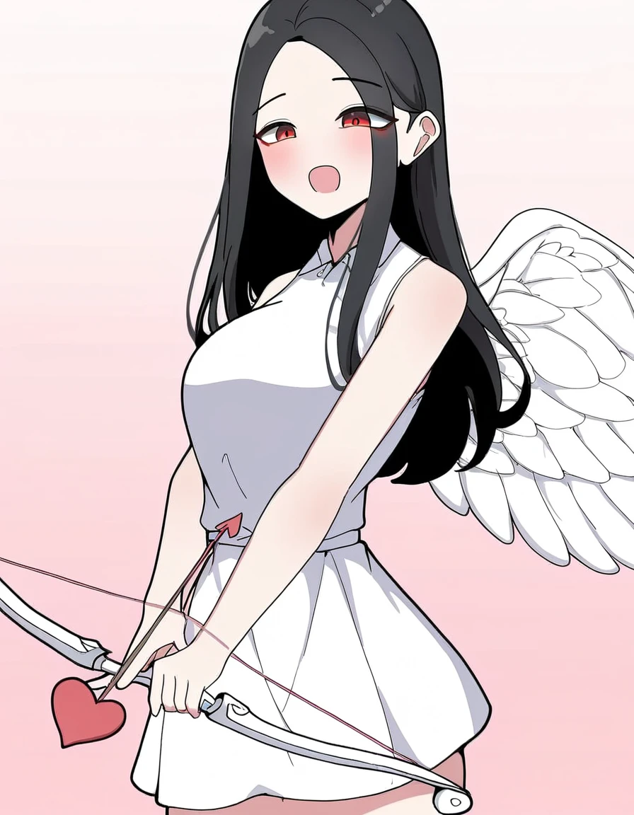 masterpiece, best quality, newest, absurdres, highres, safe,, <lora:yoo-jae-kyung-manhwa-illustriousxl-lora-nochekaiser:1>, yoo jae-kyung, long hair, large breasts, black hair, red eyes, forehead,, <lora:cupid-ponyxl-lora-nochekaiser:1>, cupid, dress, bare shoulders, weapon, heart, wings, bow (weapon), arrow (projectile), angel, smile, open mouth, heart arrow,, , cowboy shot, solo