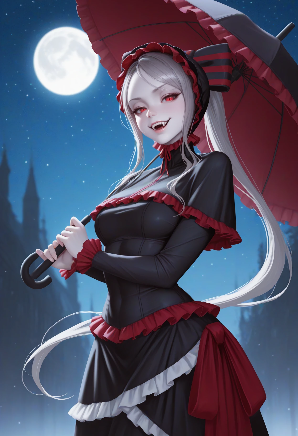 masterpiece, best quality, newest, realistic, solo, 1girl, sh4llt3ar, pale skin, fangs, smug, looking at viewer, holding umbrella, parasol, umbrella over shoulder, grey hair, ponytail, hair bow, striped bow, bonnet, red eyes, slit pupils, frills, black capelet, frilled capelet, long dress, black dress, frilled dress, long sleeves, frilled sleeves, outdoors, night, star \(sky\), full moon
<segment:yolo-Anzhc Face seg 640 v2 y8n.pt,0.4,0.5//cid=1> 1girl, pale skin, fangs, smug, looking at viewer, red eyes, slit pupils