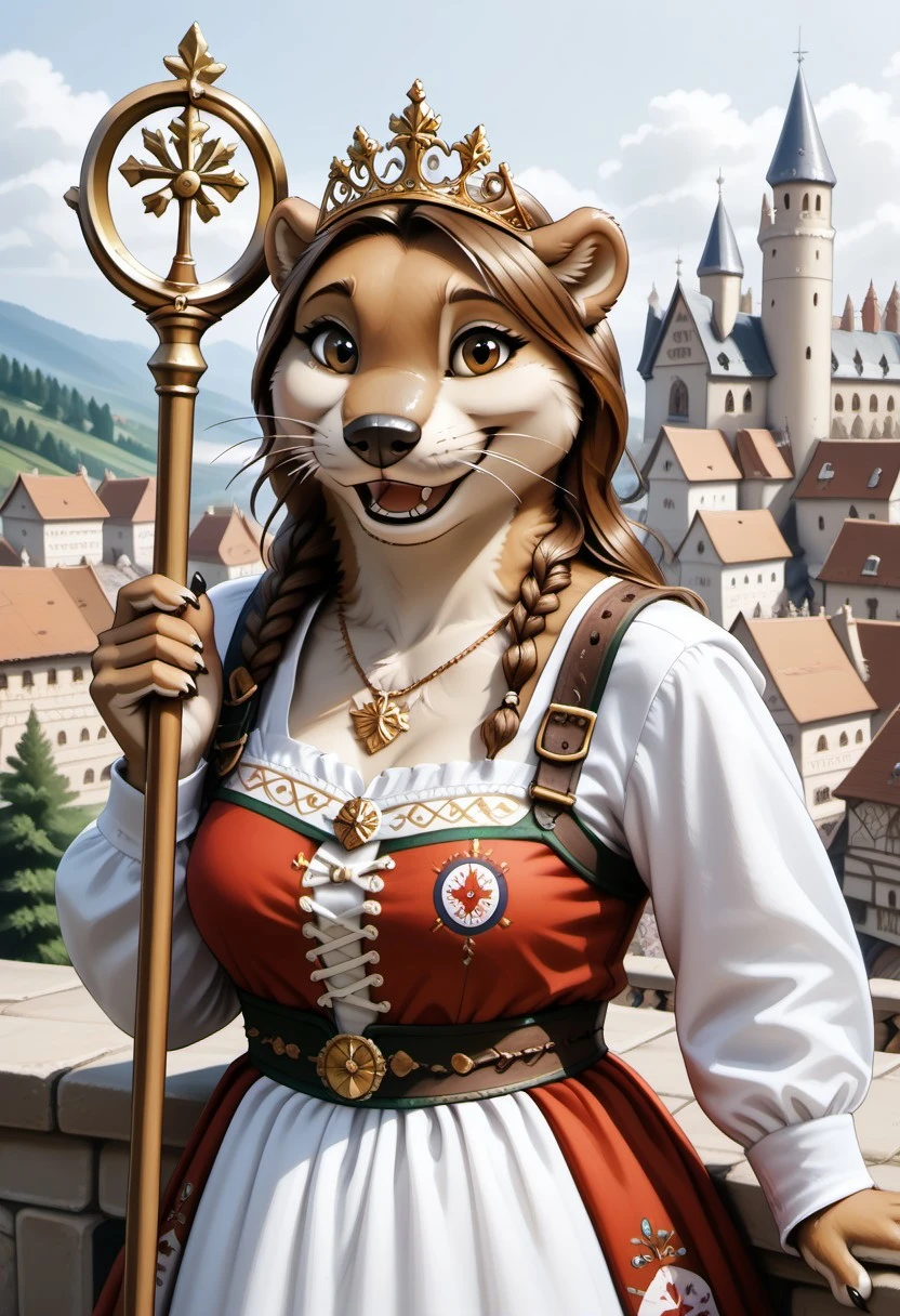 anthro, female otter, voluptuous figure, tufted fur, tufted ears, cheast tuft, otter tail, detailed fur, open smile, long brown hair, brown fur, brown eyes, otter teeth, medieval castle, solo, whiskers, medium breasts, seductive look, balcony, overview, medieval city, bunad, norwegian bunad, norwegian folklore dress, norwegian folklore costume, golden tiara, golden necklace, holding golden staff,
