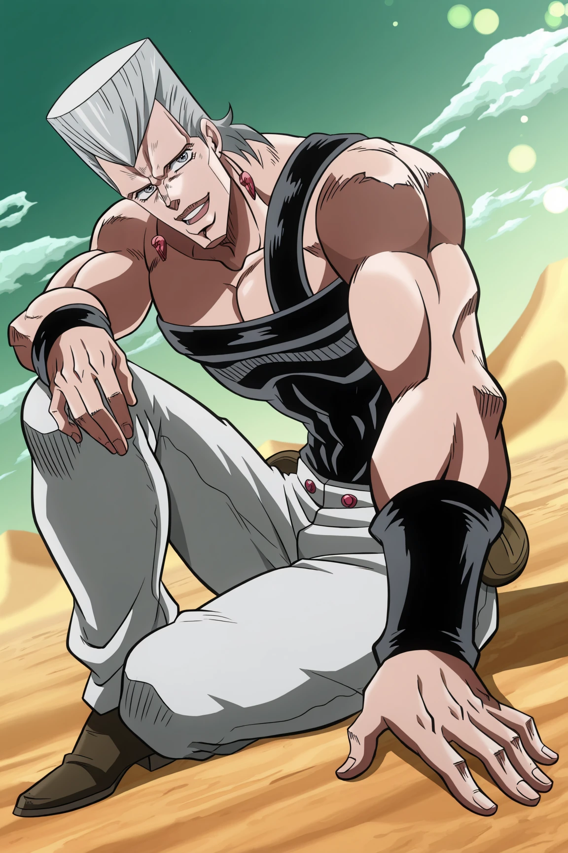 absurdres, amazing quality, highres, best quality,
<lora:Monika_Jean_Pierre_Polnareff:1>, Monika_Jean_Pierre_Polnareff, 1boy, solo, male focus, muscular male, jewelry, earrings, grey hair, open mouth, grey eyes, blue eyes, official style, smile, looking at viewer, parted lips,
white pants, impossible clothes, pouch, black shirt, dutch angle, (jojo pose:1.2), from below, knee on floor, knee on floor, close-up, full body,
bokeh, depth of field, outdoors, green sky, blue sky, clouds, sand, desert,