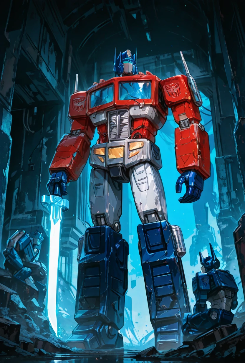 <lora:optimus-08:1> optimus, robot, mecha, autobot , <lora:USNR STYLE_XL_loha:1> the knight holds a blue glowing sword in the dark room, dark woom, glowing sword, blue color, blue scene, masterpiece, best quality, amazing quality, very aesthetic, absurdres, newest,