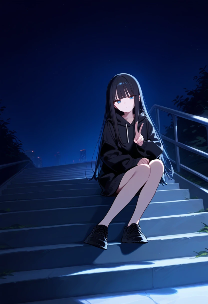 1girl, solo,
long hair, black hair, blunt bangs, blue eyes, black hoodie, black jacket, expressionless, v, peace sign,
sitting, sitting on stairs, stairs, night, wide shot,
masterpiece, best quality