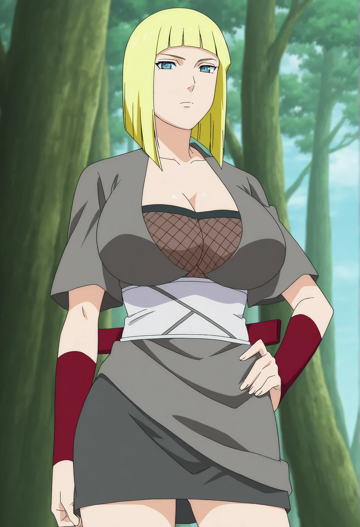 masterpiece, very awa, best quality, absurdres, highres, cinematic light, 1girl, <lora:samui_naruto:1> samui_wz, short hair, blonde hair, blunt bangs, blue eyes, large breasts, cleavage, fishnets, fishnet top, ninja, grey skirt, jaggy lines, short sleeves, japanese clothes, standing, looking at viewer, expressionless, hand on hip, outdoors, forest day, blue sky, nature, <lora:anime_screencap-Illustrious_1064755:1> anime screencap, anime coloring