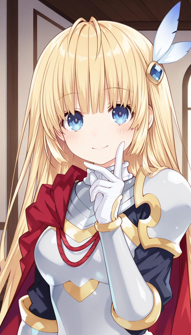 (masterpiece),best quality,amazing quality,very aesthetic,absurdres,newest,perfect body,shiny skin,perfect eyes,detail1eye,well-defined fingers,well-defined fingernails,anime style,indoors,1girl,solo,upper body,(portrait:1.5),looking at viewer,facing viewer,smile,blush,Tsunako style,Angelica,ahoge,very long hair,blonde hair,wing hair ornament,feather hair ornament,blunt bangs,blue eyes,shoulder armor,pauldrons,breastplate,red cape,armored dress,elbow gloves,white gloves,medium breasts,black pantyhose,zettai ryouiki,armored boots,thigh boots,white footwear,<lora:Tsunako[style]-Illus:1.4>,<lora:Angelica(hnik)-Illus:1.6>,