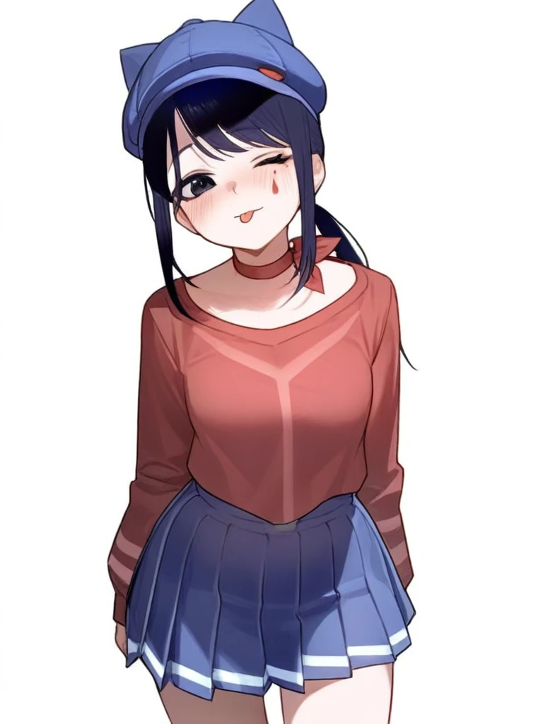 masterpiece,best quality,very aesthetic,highres,absurdres,<lora:hatmita_ill:1>,hatmita, 1girl, solo, white background, simple background, looking at viewer, blush, tongue out, one eye closed, medium breasts, facial tattoo, blue skirt, pleated skirt, long sleeves, teardrop facial mark, blue hat